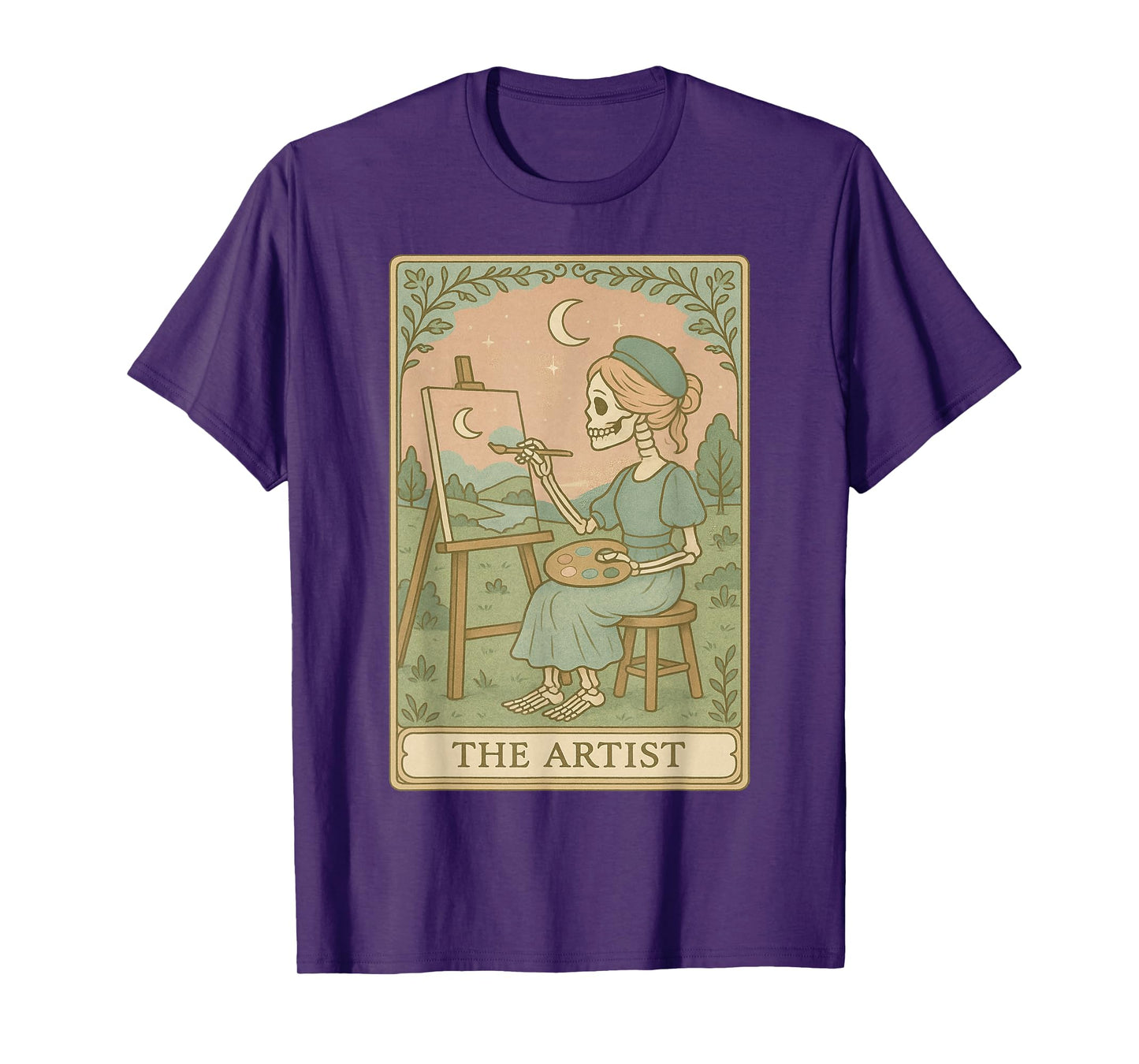Skeleton Artist Painting Moon Vintage Tarot Style Gift T-Shirt