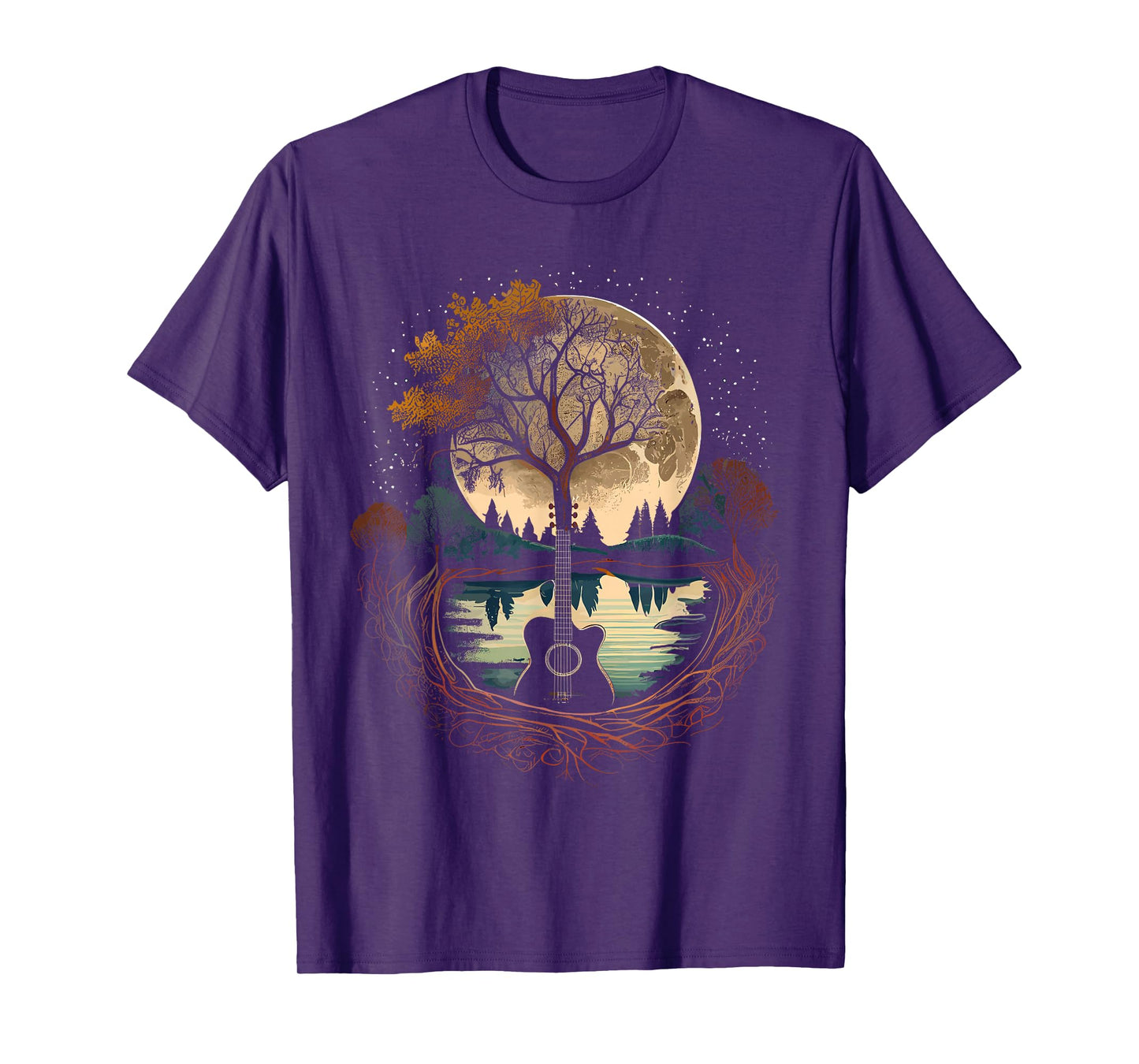Acoustic Guitar Tree and Moon By The Lake Guitarist T-Shirt