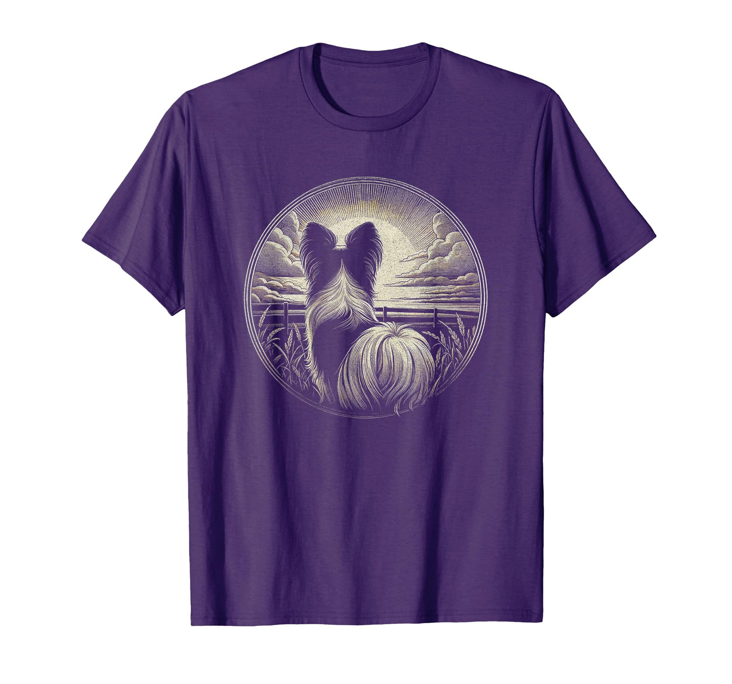 Vintage Papillon Dog Nature Scene Graphic Art Design T-Shirt