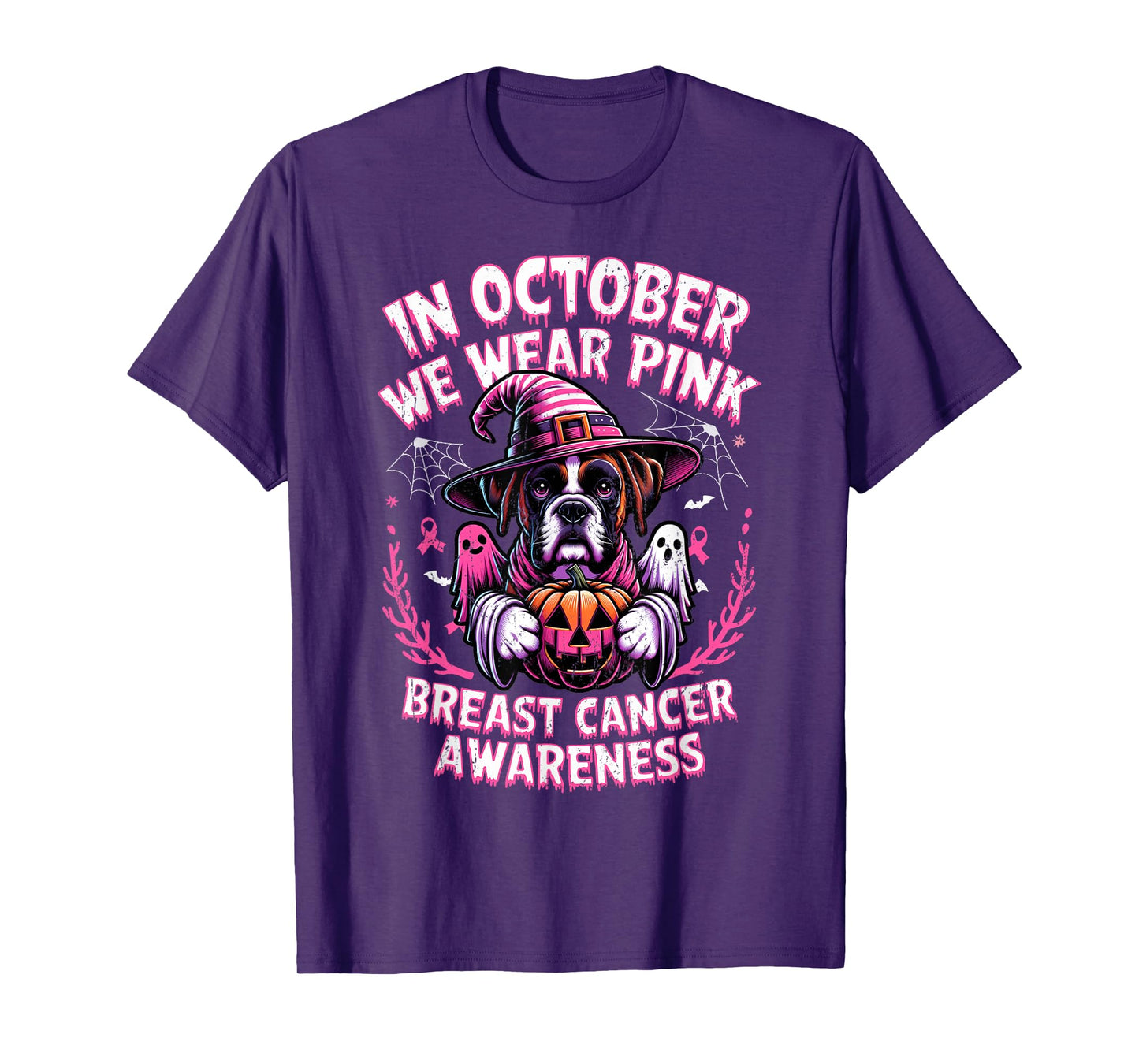 In October We Wear Pink Ghost Boxer Dog Breast Cancer T-Shirt for Men Women Girls Kids