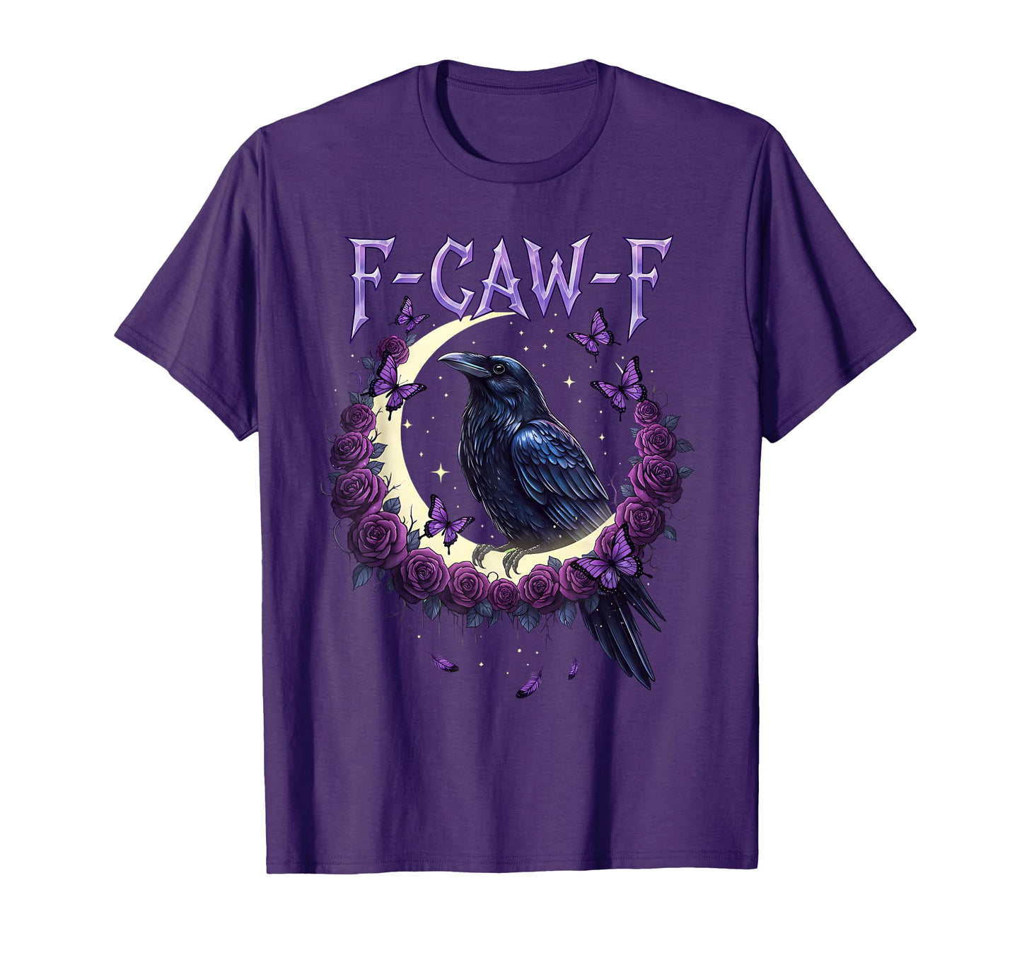 F CAW F Gothic Raven Crow Moon Roses Dark Fantasy Butterfly T-Shirt
