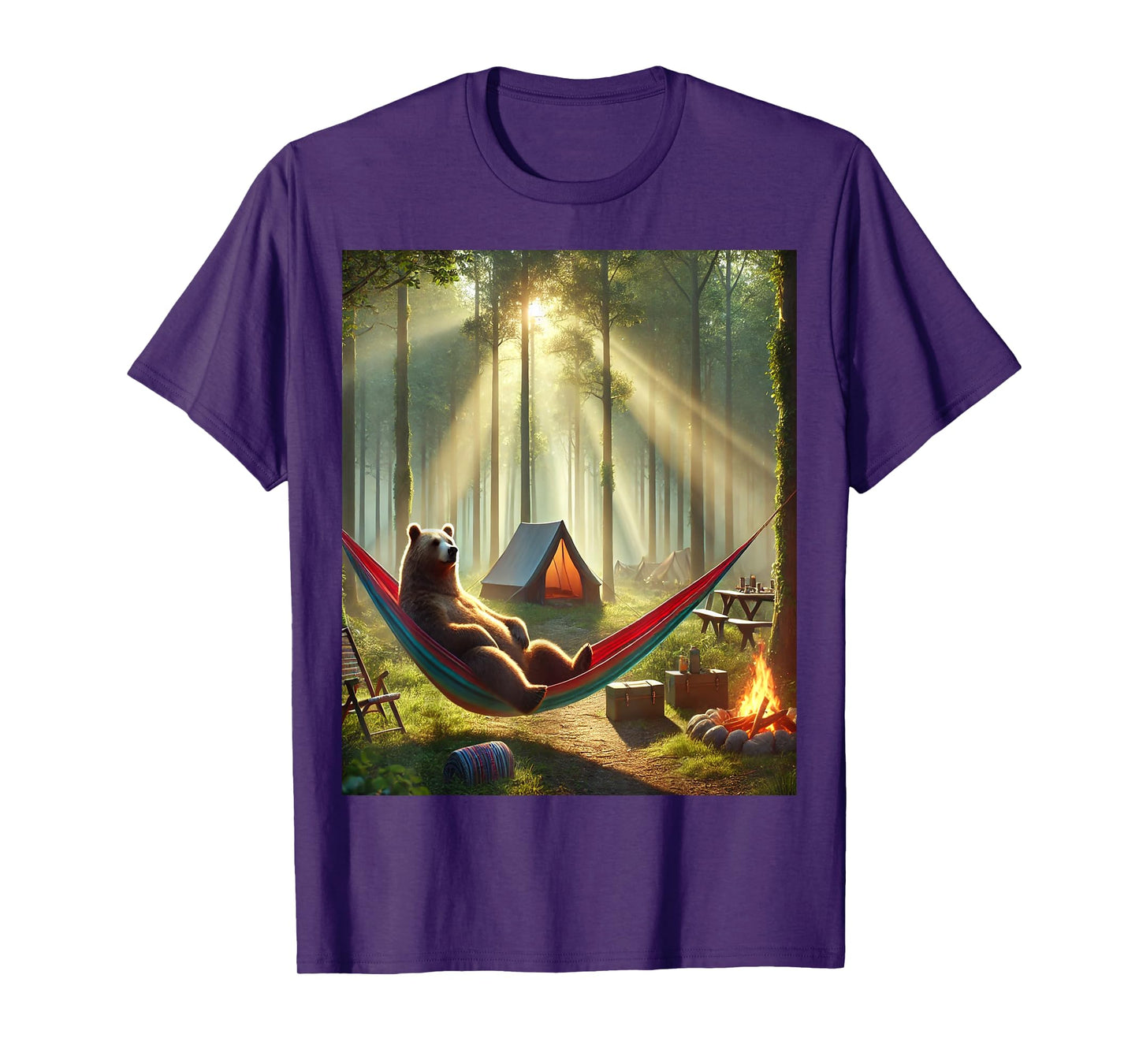 Nature Camping Bear - Relaxed Hammock and Tent Forest Scene T-Shirt