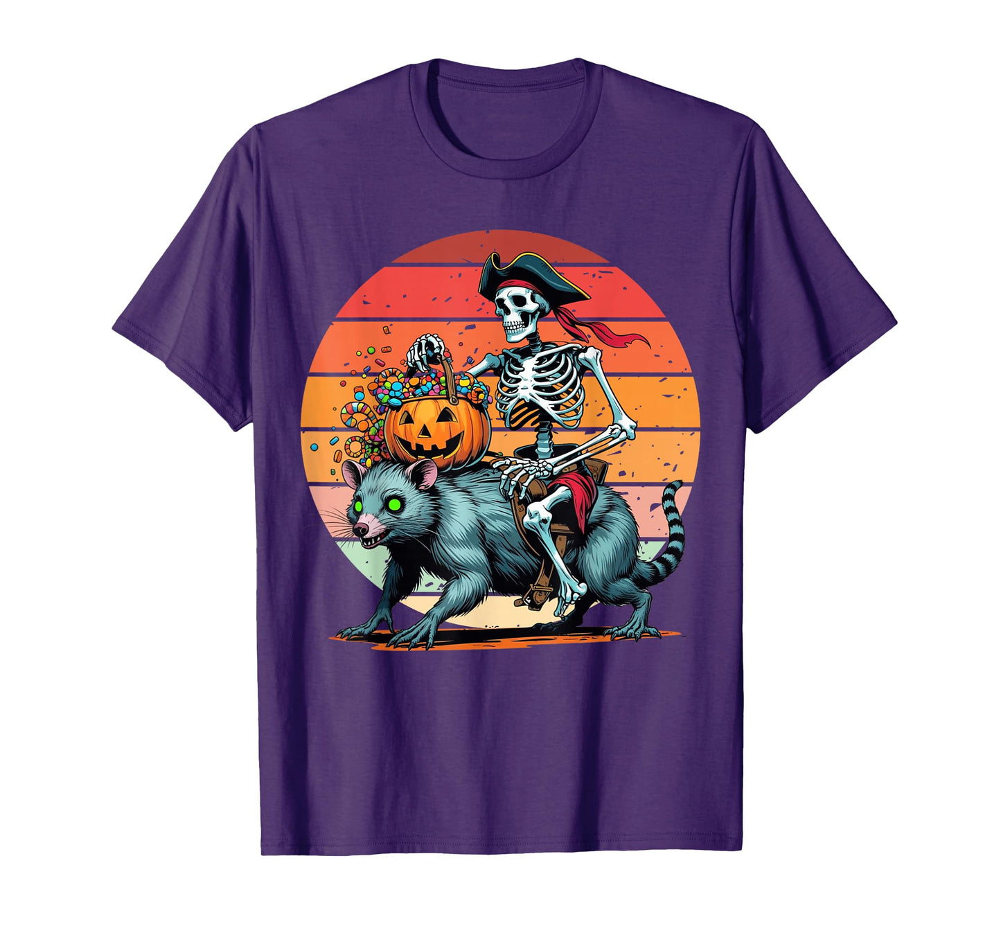 Pirate Skeleton Opossum Halloween Spooky Candy Sunset Rider T-Shirt