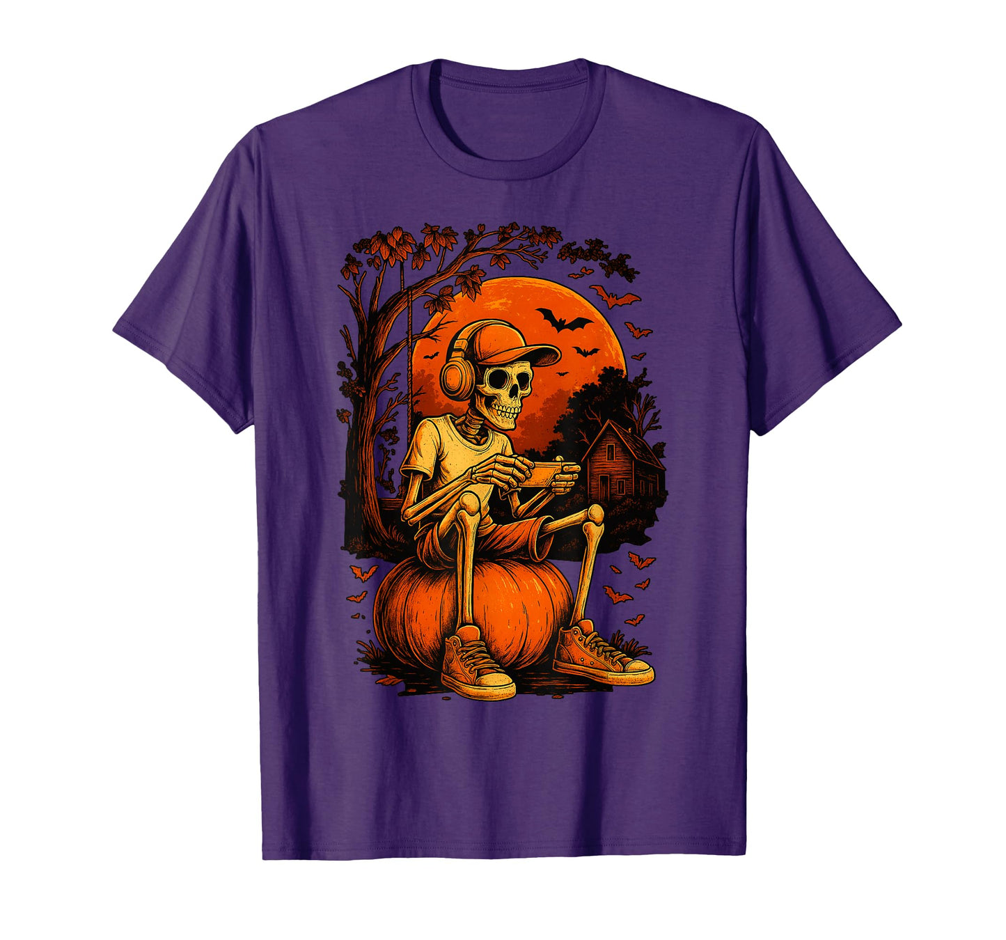 HUGvyn Halloween Skeleton Gamer Pumpkin Controller Kids Boys T-Shirt