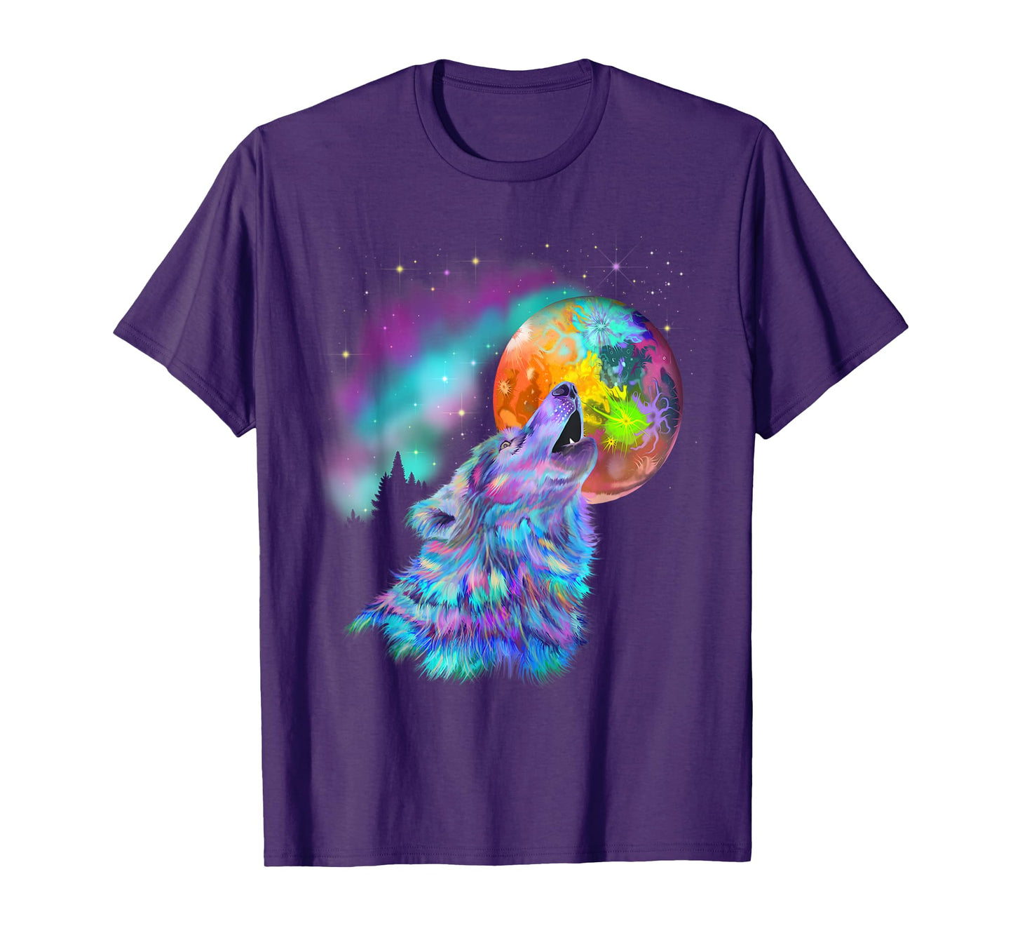 Colorful rainbow psychedelic trippy howling at moon wolf T-Shirt