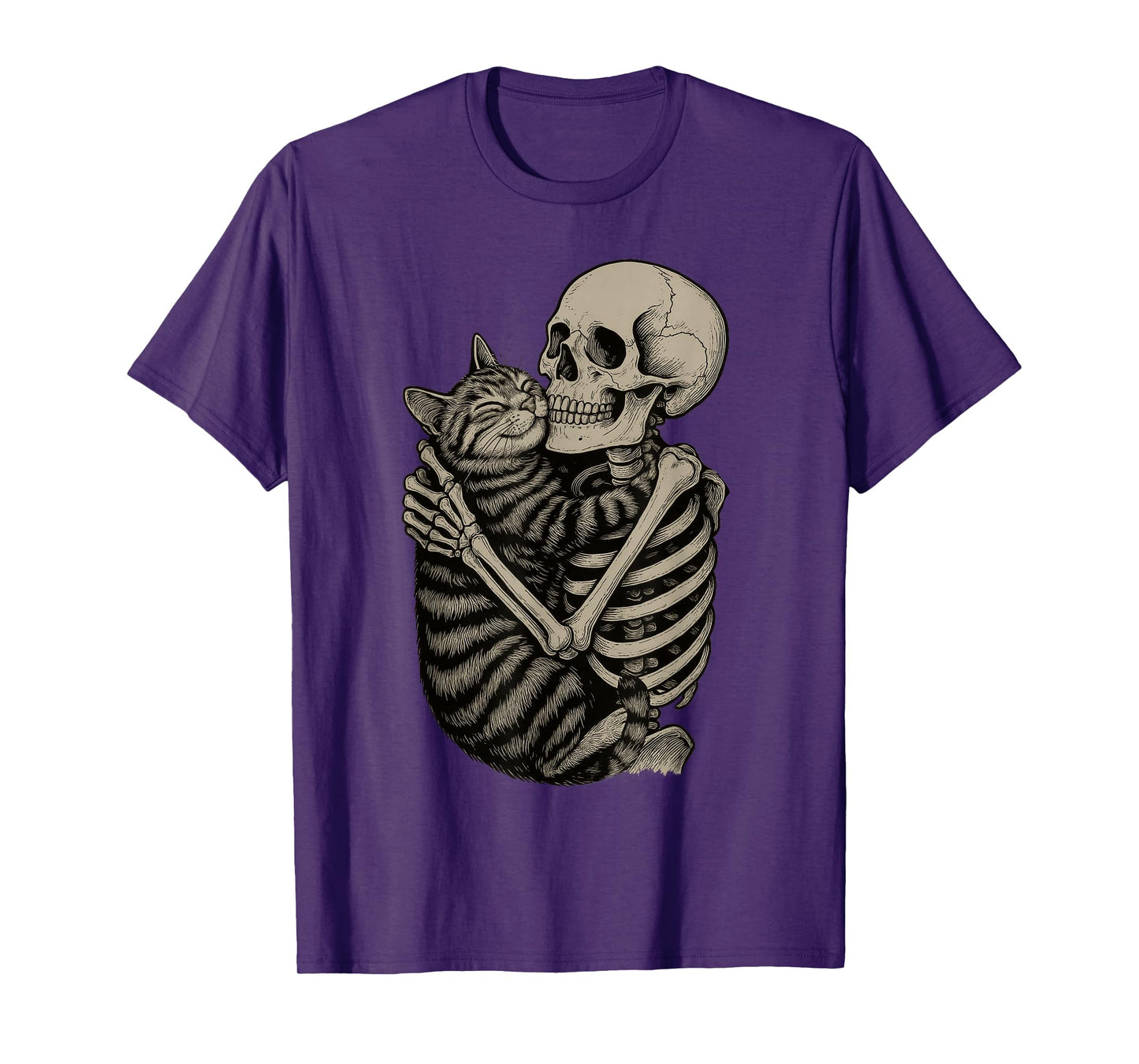 Funny Skeleton Hugging Cat Halloween Cat Lover Cat Mom Women T-Shirt