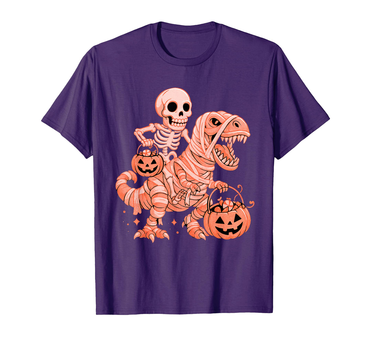 Skeleton Riding Dinosaur T Rex Scary Night Pumpkin Halloween T-Shirt