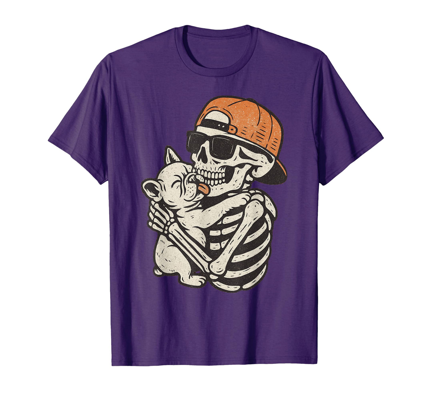 Skeleton Hugging French Bulldog Halloween Spooky Costume T-Shirt