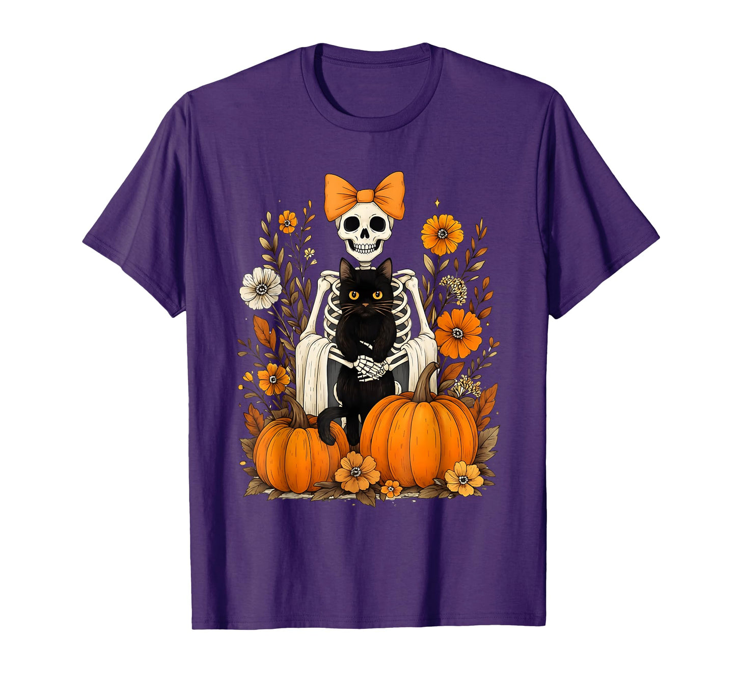 Halloween Skeleton with Black Cat Bow Autumn Pumpkins T-Shirt