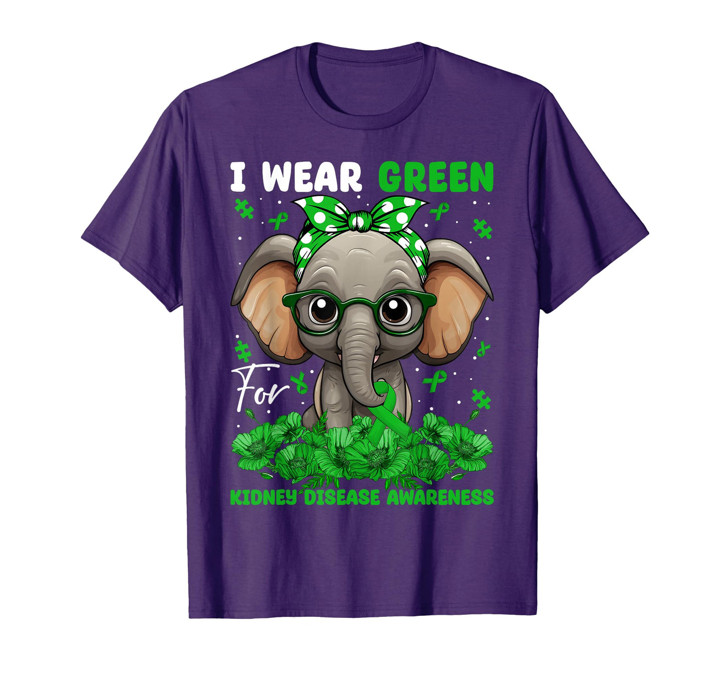 I Wear Green For Kidney Disease Awareness Elephant & Bandana T-Shirt