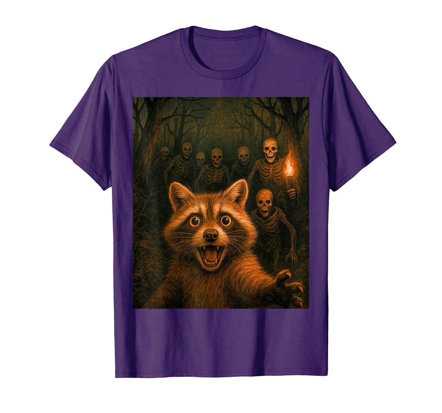 Funny Raccoon Selfie Scary Skeletons Forest Creepy Design T-Shirt