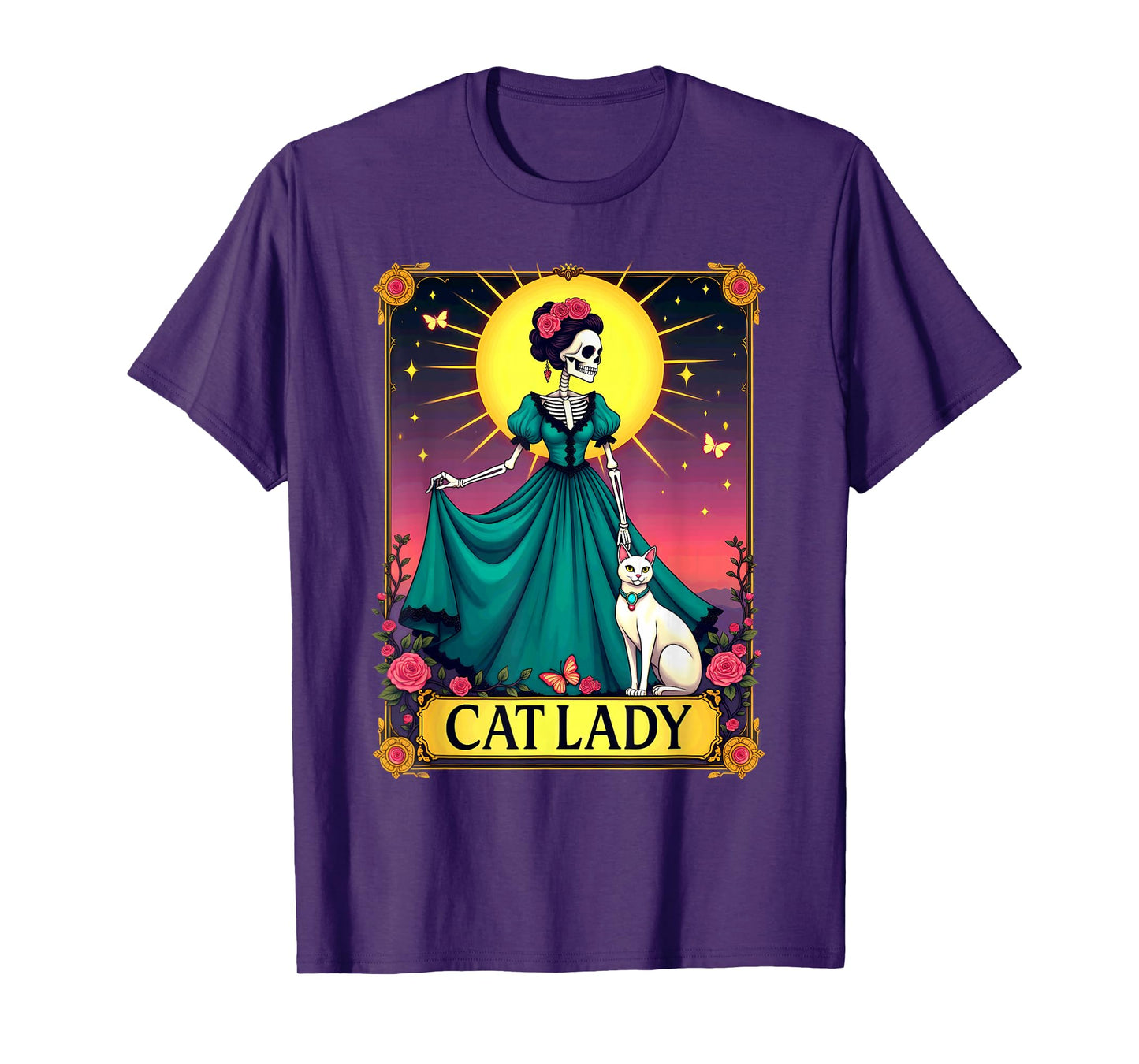 Retro Cat Lady Tarot Card Skeleton Halloween T-Shirt