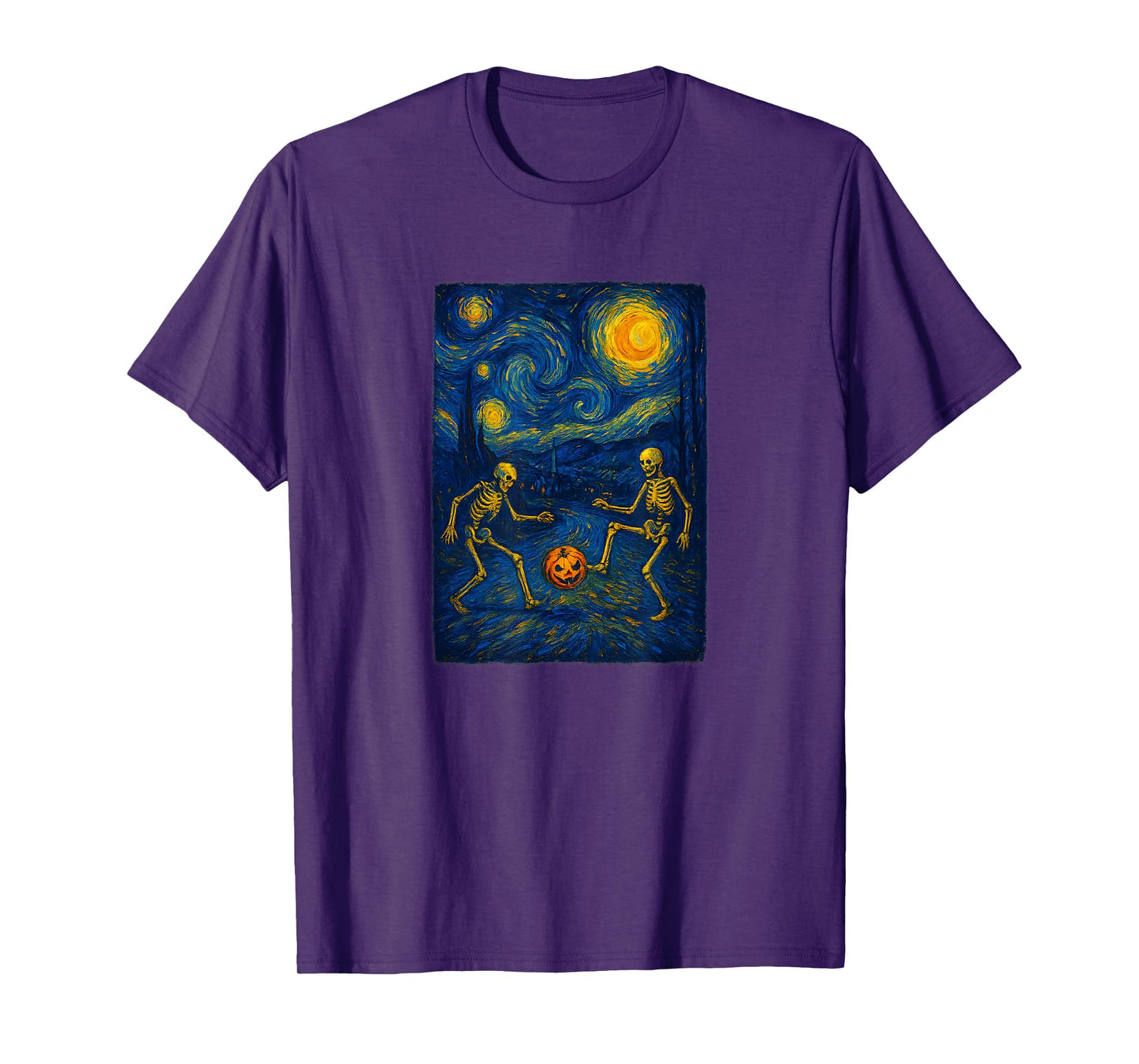Starry Night Skeleton Pumpkin Soccer Spooky Halloween T-Shirt