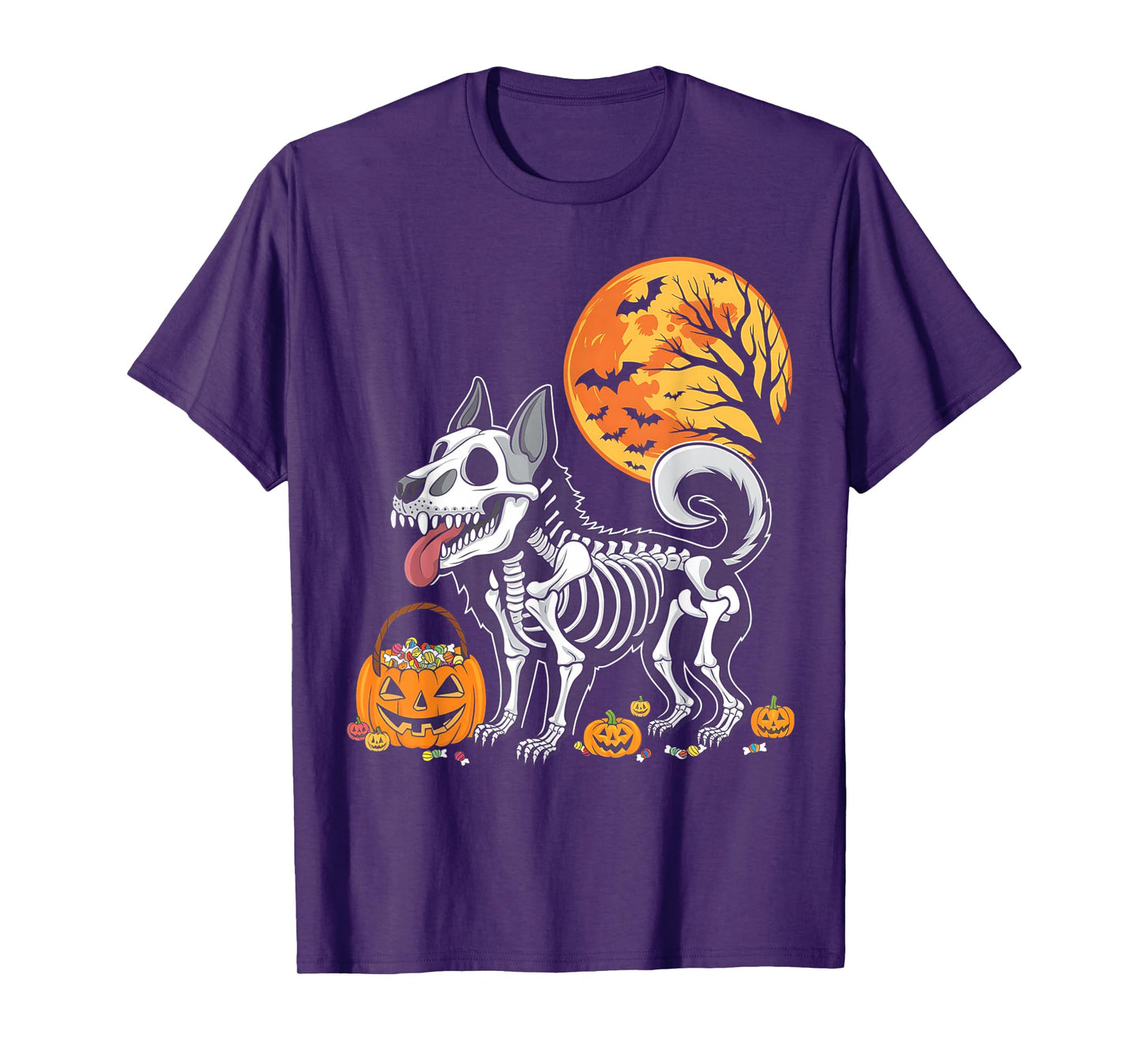 Belgian Malinois Dog Skeleton Scary Pumpkin Moon Halloween T-Shirt