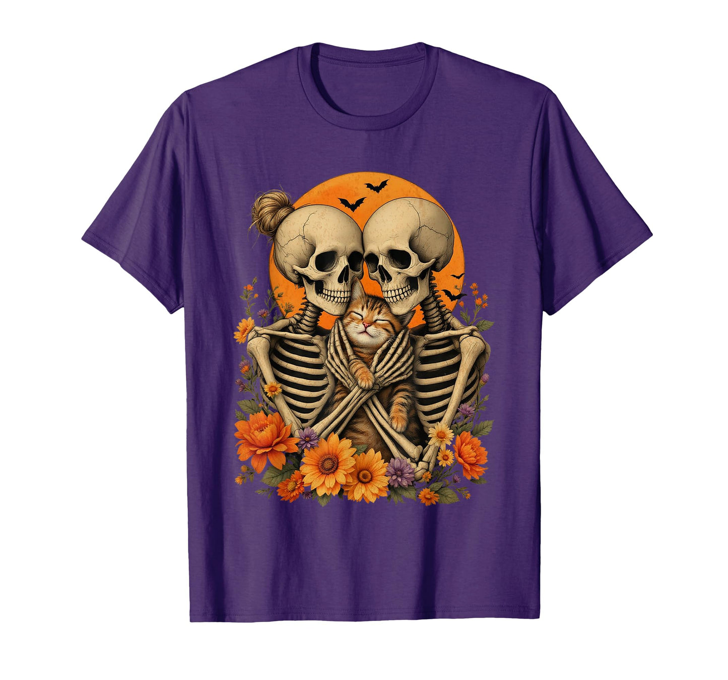 Skeleton Hugging Cat Floral Halloween Cat Lover Mom Costume T-Shirt