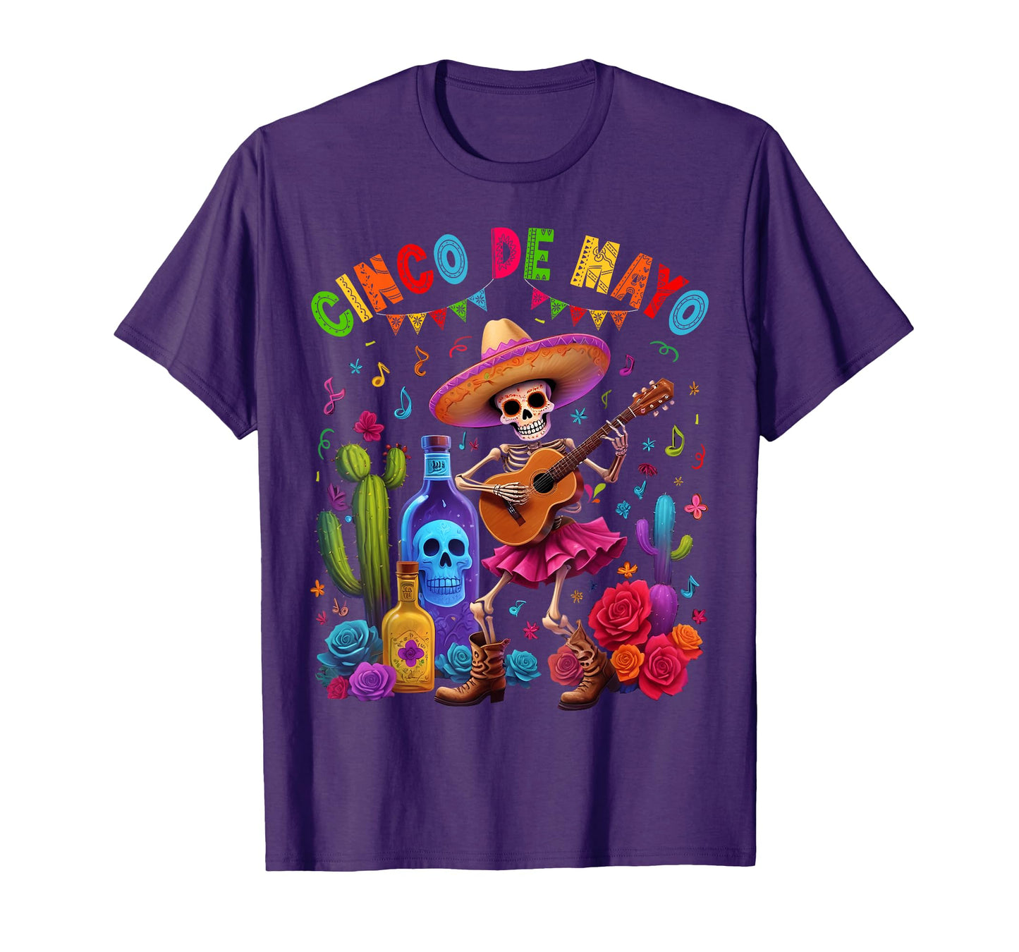Cinco De Mayo Fiesta Funny Mexican Skeleton Guitar Men Women T-Shirt
