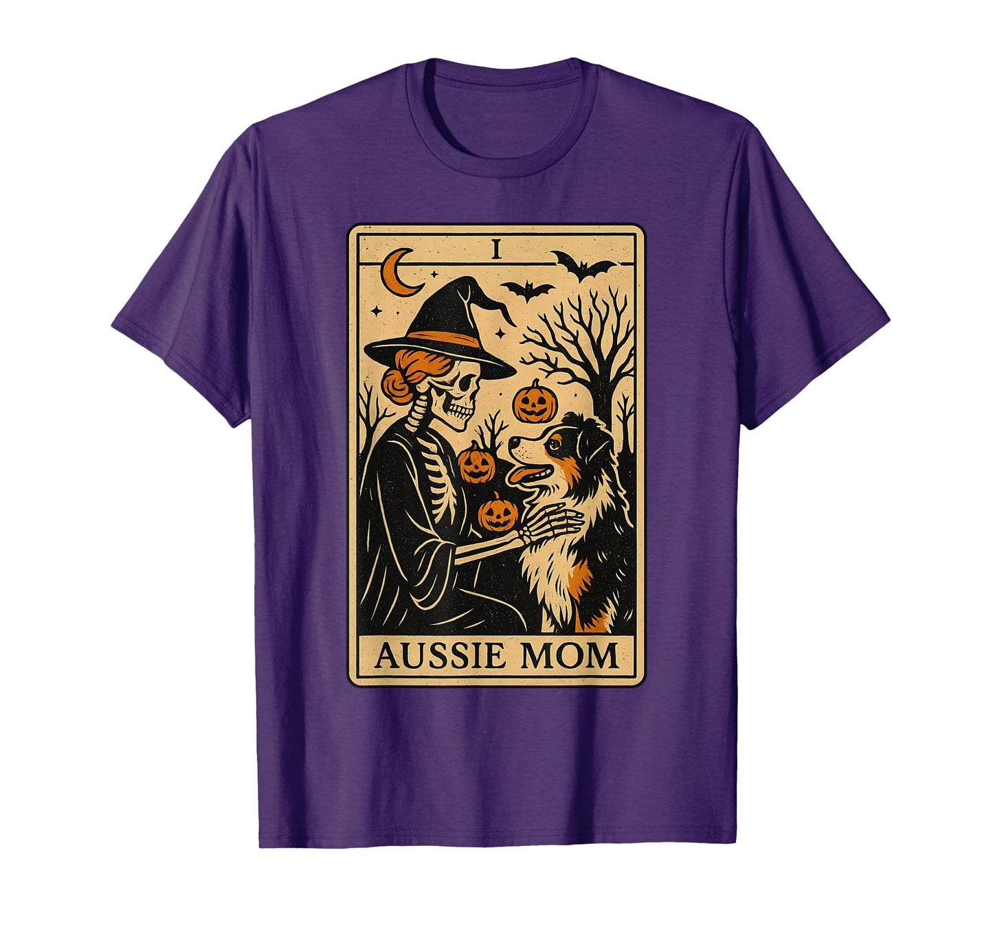 Aussie Mom Tarot Card Skeleton Australian Shepherd Halloween T-Shirt