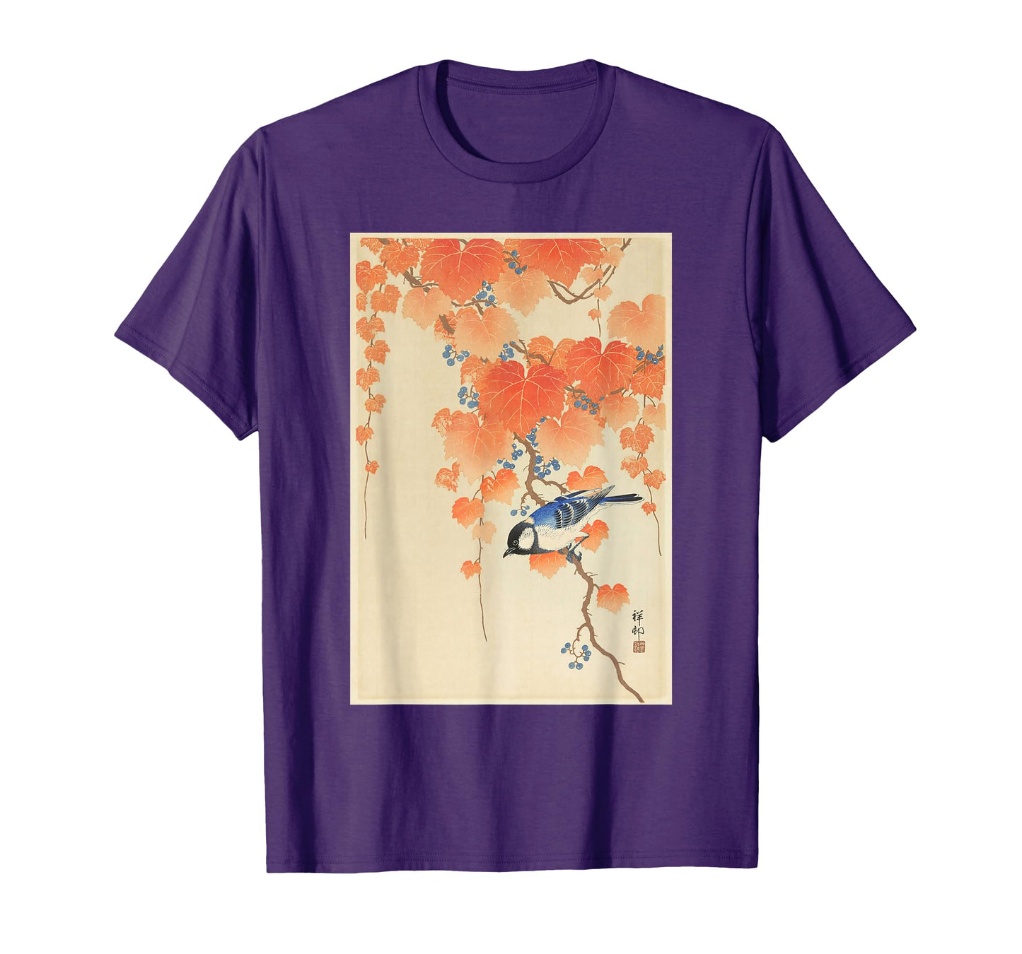 Vintage Japanese Art Naturalist Blue Song Bird Painting T-Shirt