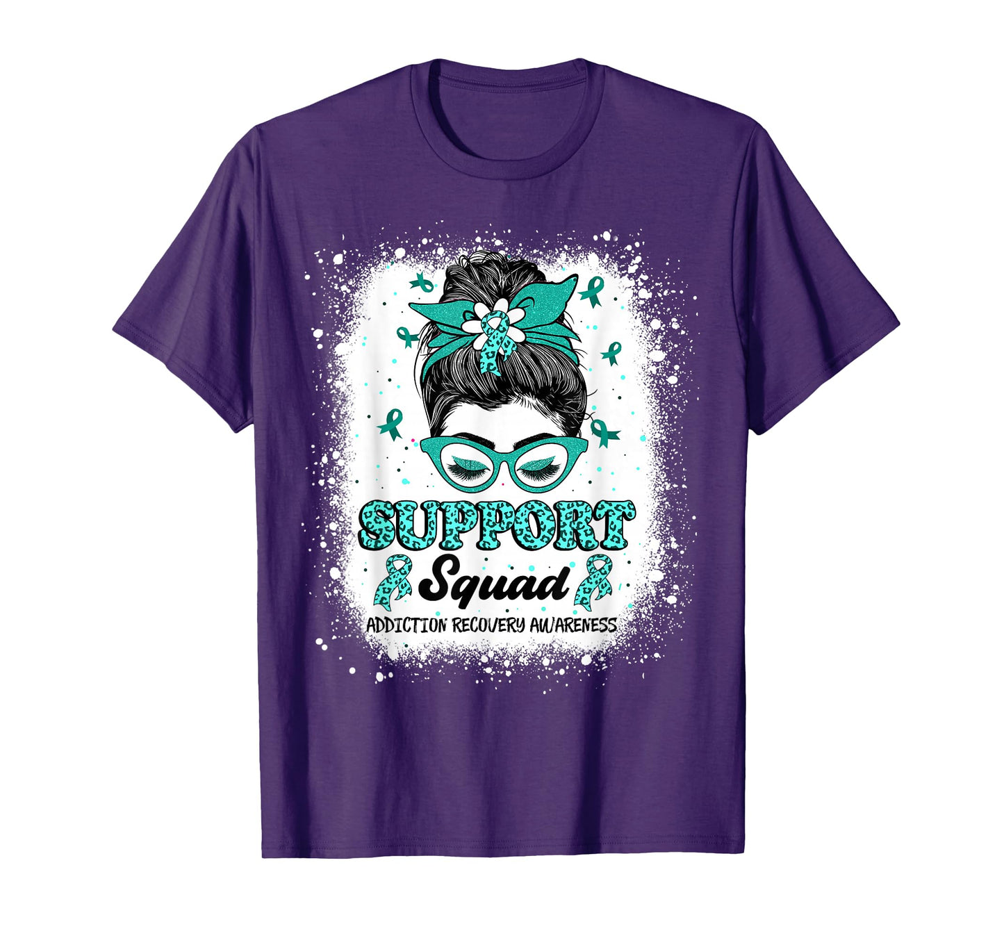 Support Squad Messy Bun Teal Ribbon Addiction Recovery T-Shirt