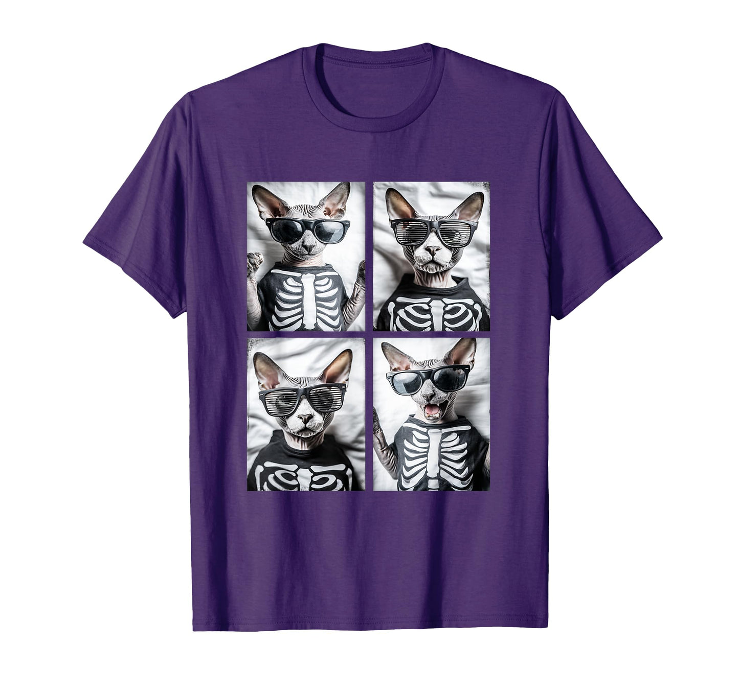 Sphynx Cats with Sunglasses Skeleton Costume Funny Halloween T-Shirt