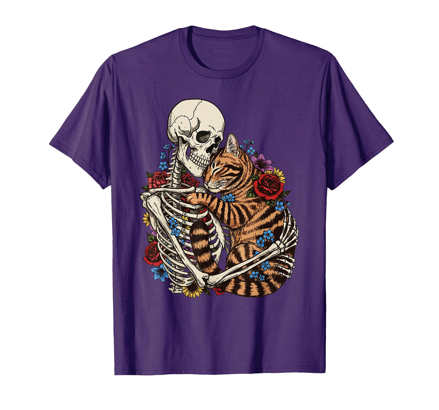 Skeleton Hugging Cat Halloween Cat Lover Flowers Men Women T-Shirt