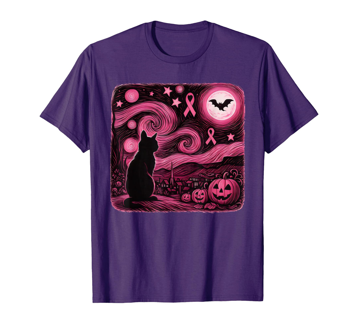 Pink Van Gogh Cat Halloween Breast Cancer Awareness Women T-Shirt