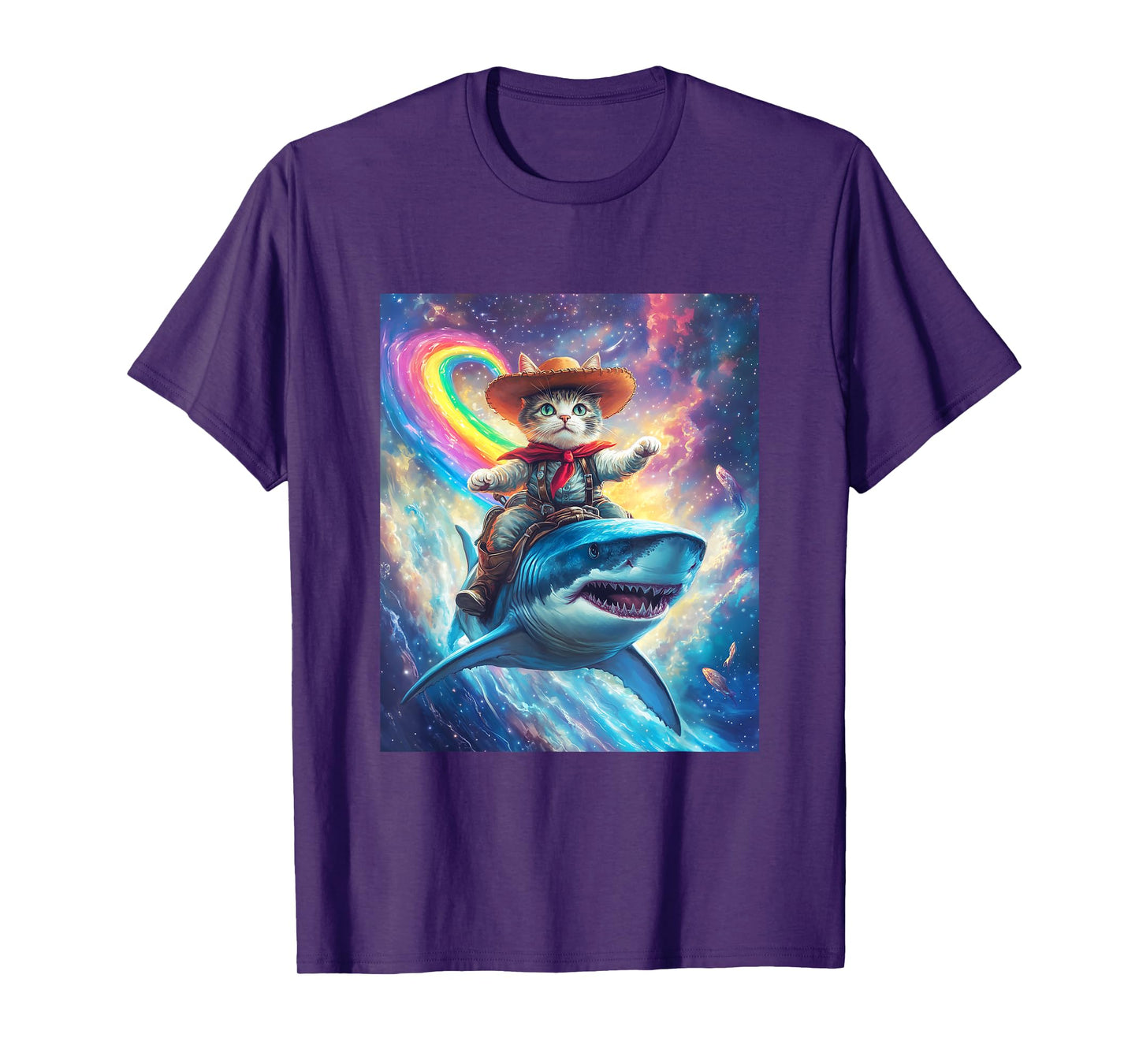 Cowboy Cat Riding Shark Graphic Tee T-Shirt