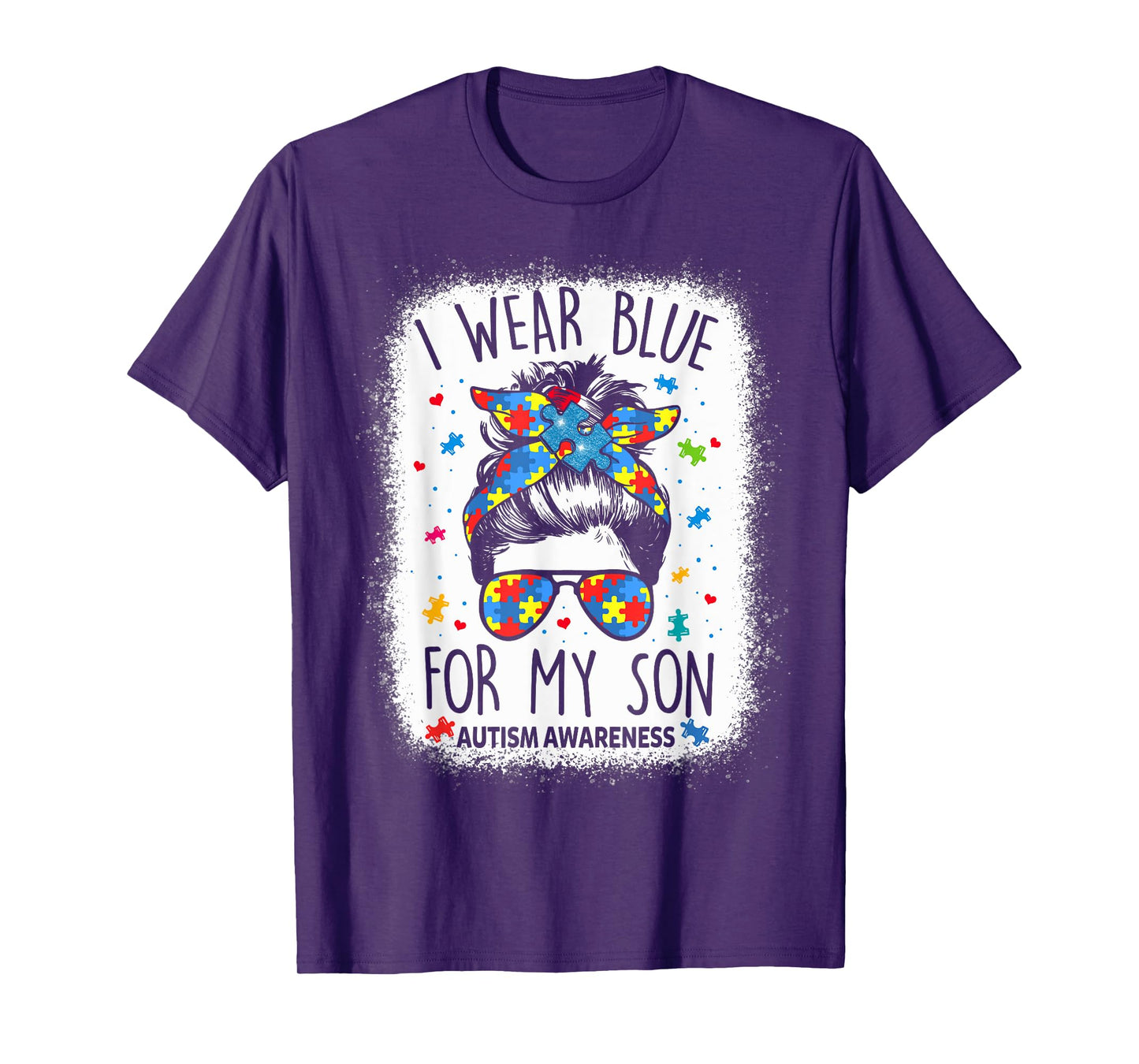 Autism Awareness shirt Mom Messy Bun I Wear Blue For My Son T-Shirt