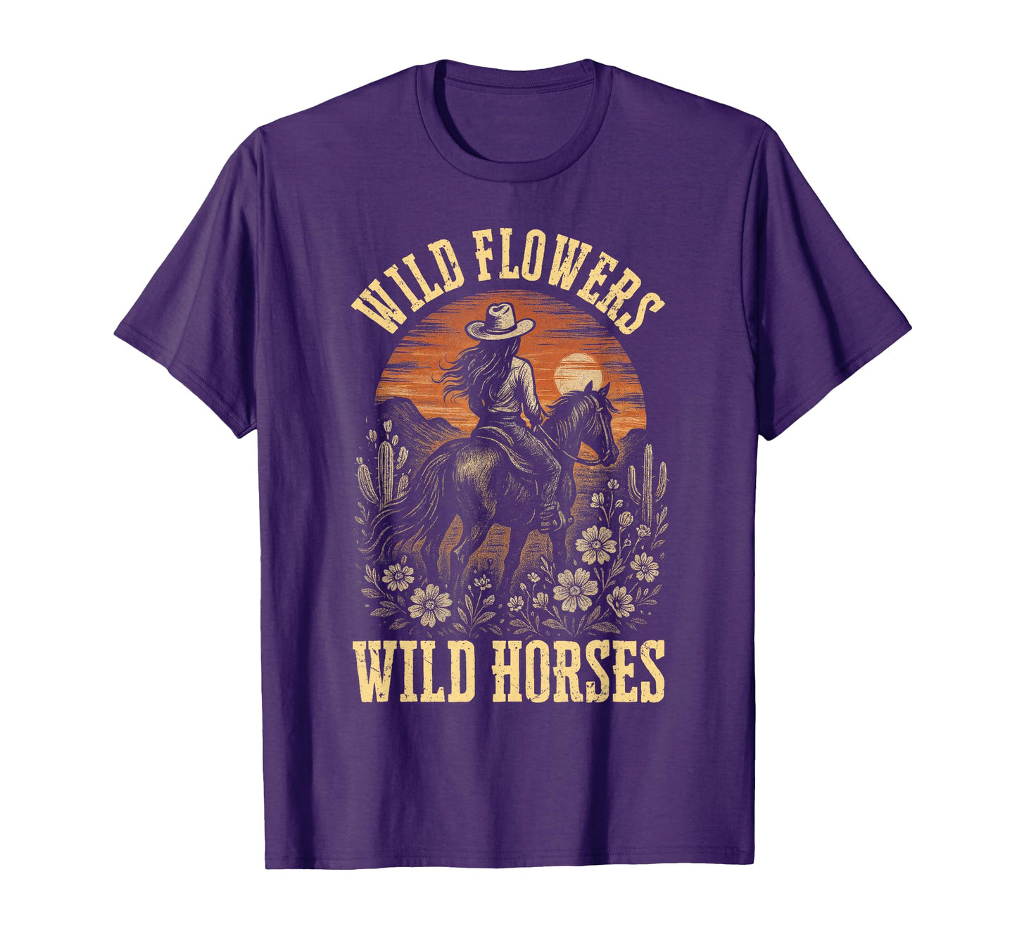 Retro Southern Sunset Wild Cowgirl Flowers - Wild Horses T-Shirt
