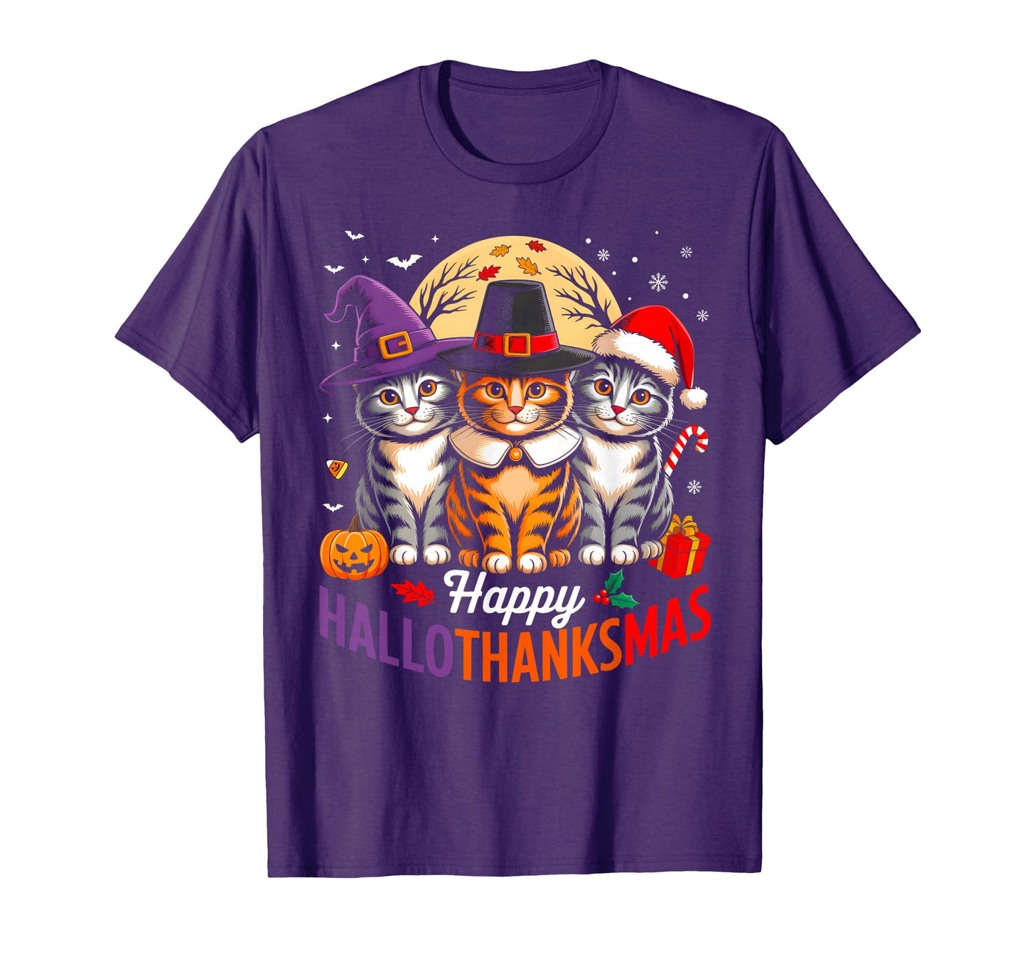 Halloween Thanksgiving Christmas Happy HalloThanksMas Cat T-Shirt
