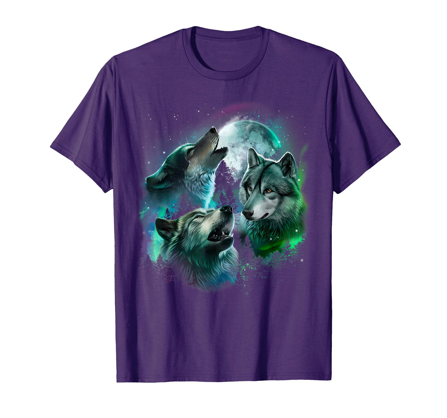 Grey Wolf Hunting in the Forest under Full Moon and Aurora T-Shirt