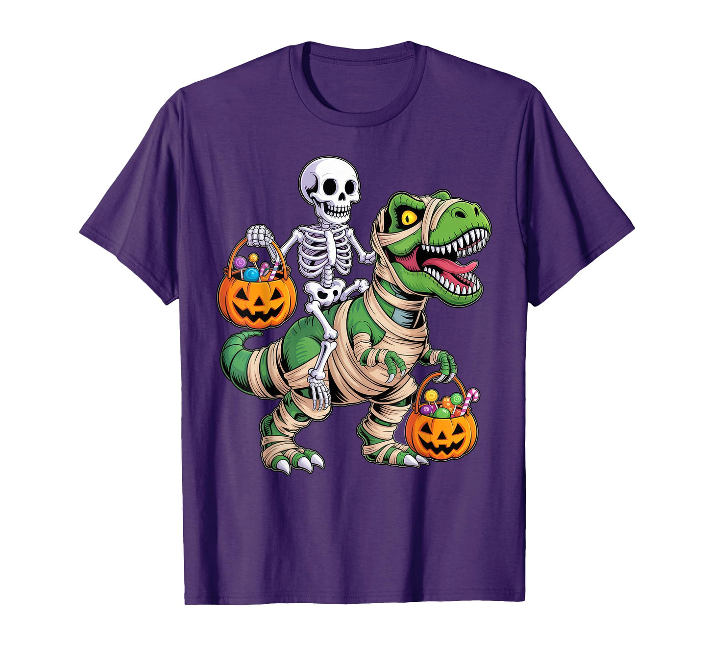 Skeleton Riding Mummy Dinosaur T rex Halloween Funny Pumpkin T-Shirt