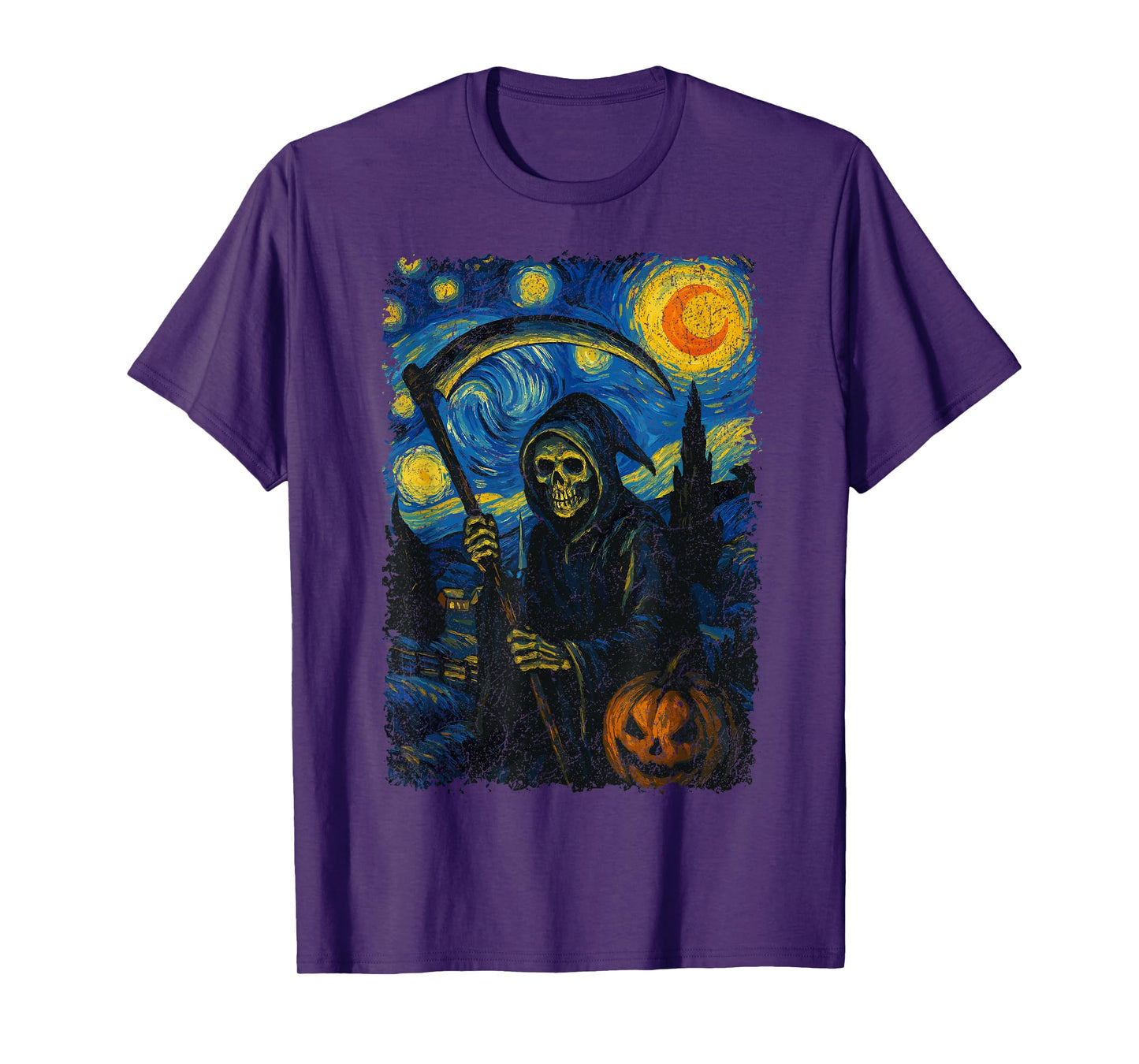 Grim Reaper Skeleton Halloween Pumpkin Van Gogh Starry Night T-Shirt