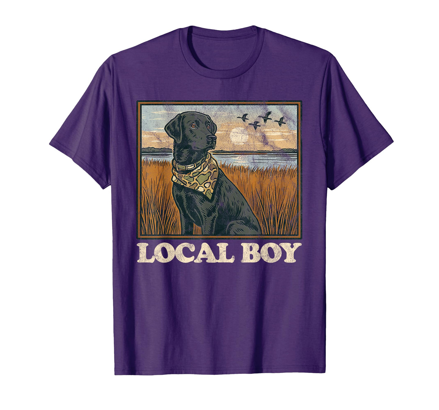 Local Boy Black Lab Hunting Dog Marsh Scene Sunset Vintage T-Shirt