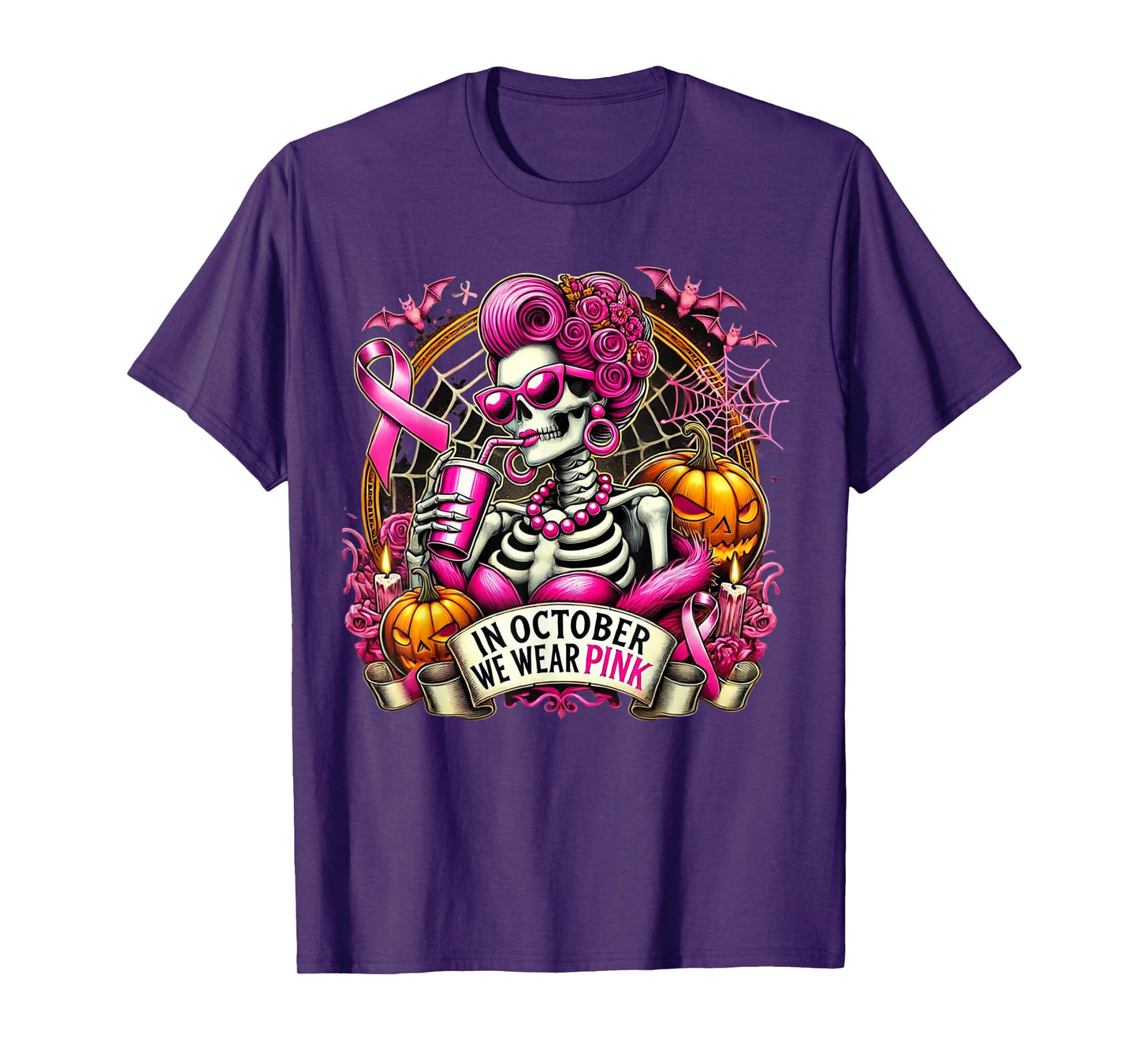 In October We Wear Pink Skull Messy Bun Glasses Halloween T-Shirt