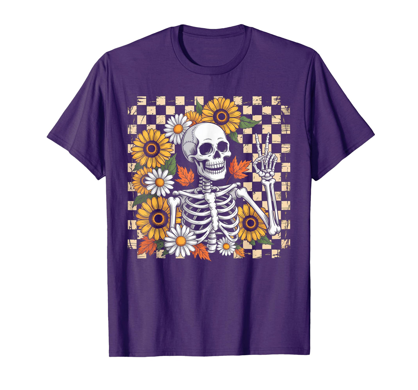 Retro Fall Skeleton Halloween Skeleton Flower Spooky Season T-Shirt