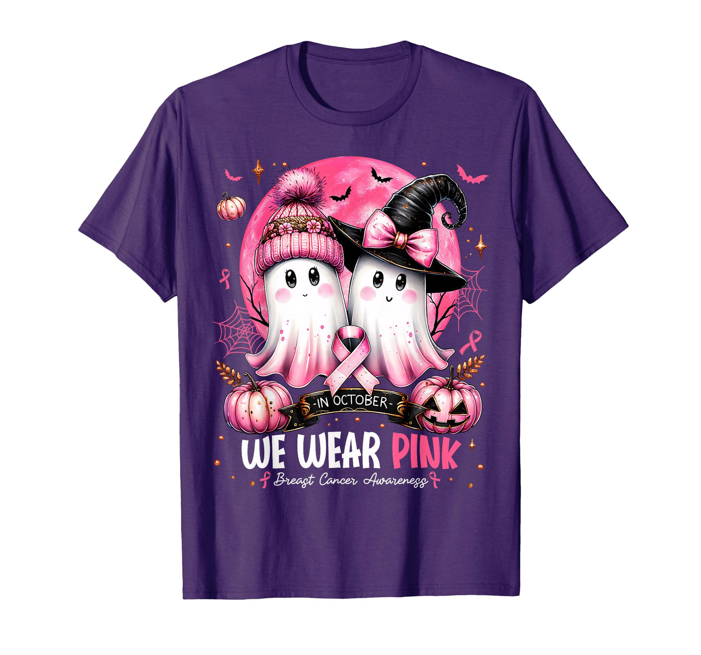 in October We Wear Pink Ghost Witch Breast Cancer Awareness T-Shirt