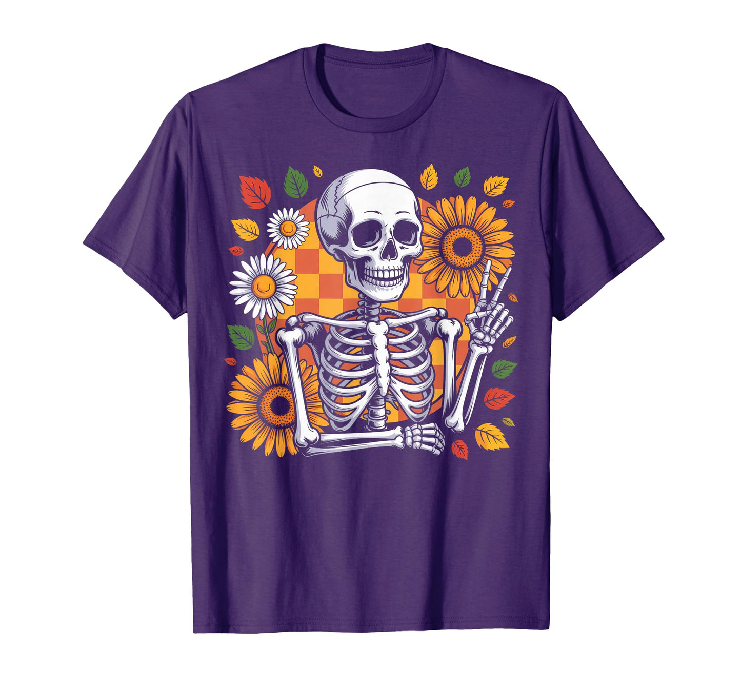 Skeleton Peace Fall Vibes Floral Retro T-Shirt