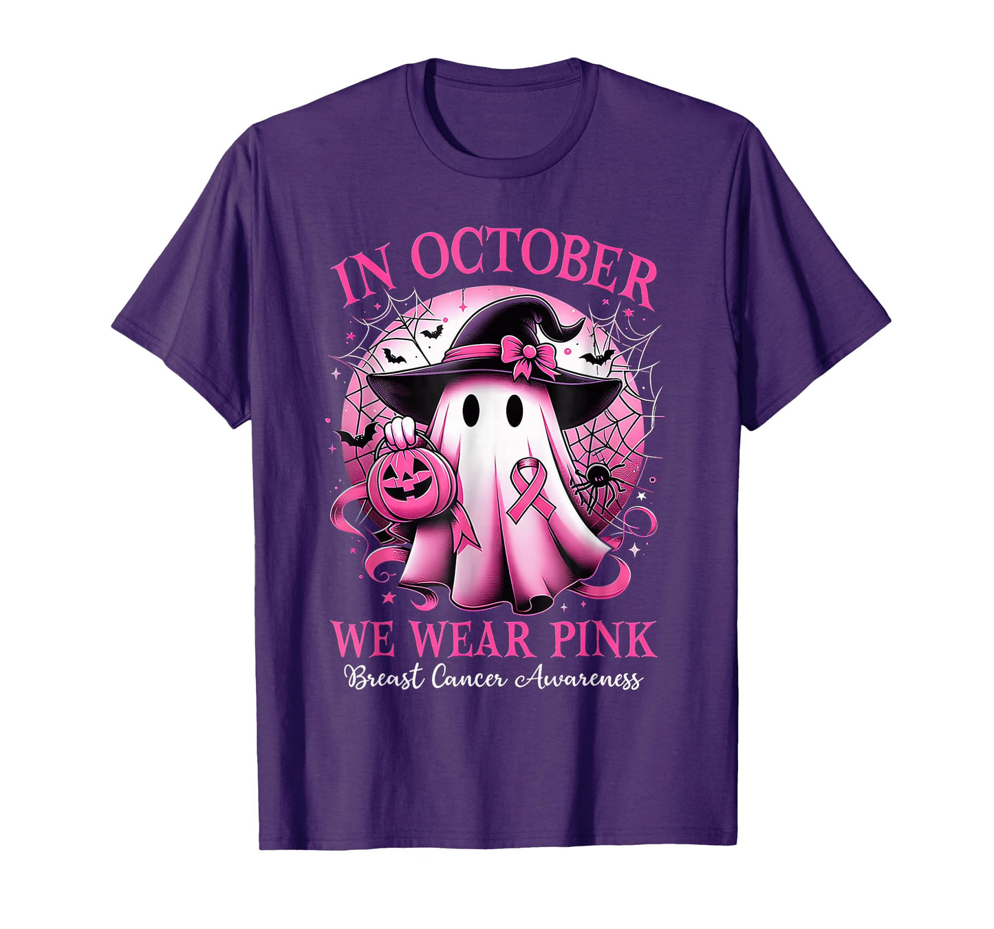 In October We Wear Pink Witch Ghost Breast Cancer Awareness T-Shirt