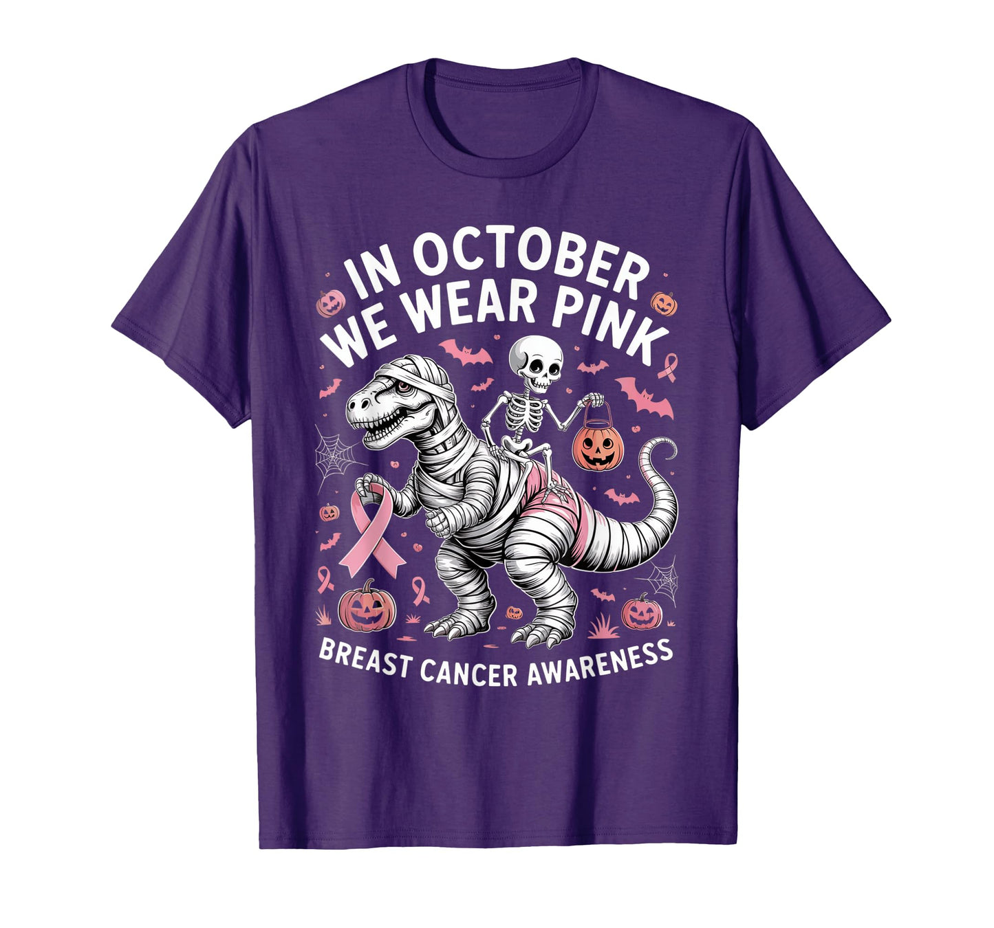 in October We Wear Pink Dinosaur Skeleton Breast Cancer T-Shirt