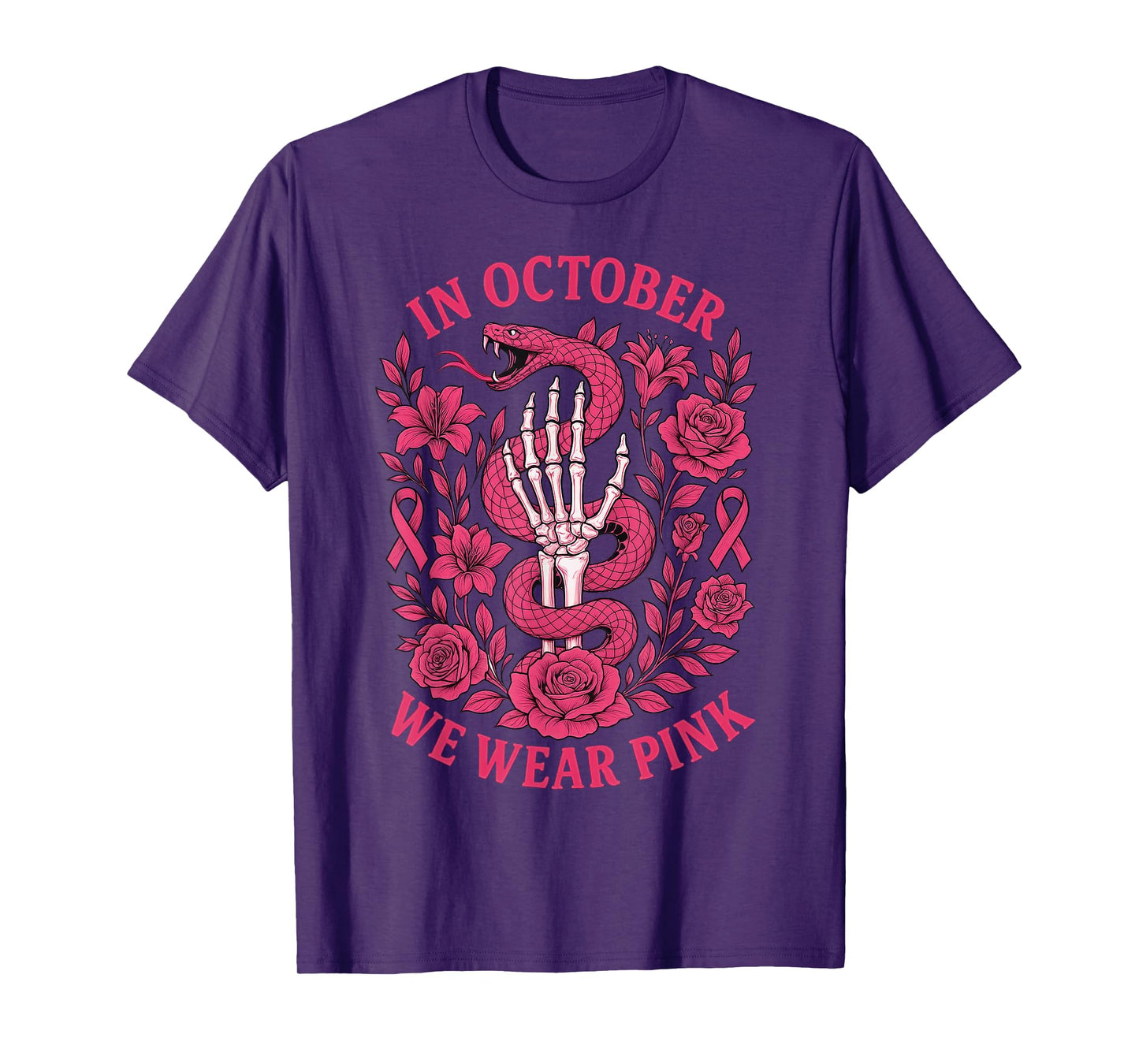 in October We Wear Pink Ribbon Snake Skeleton Hand Womens T-Shirt
