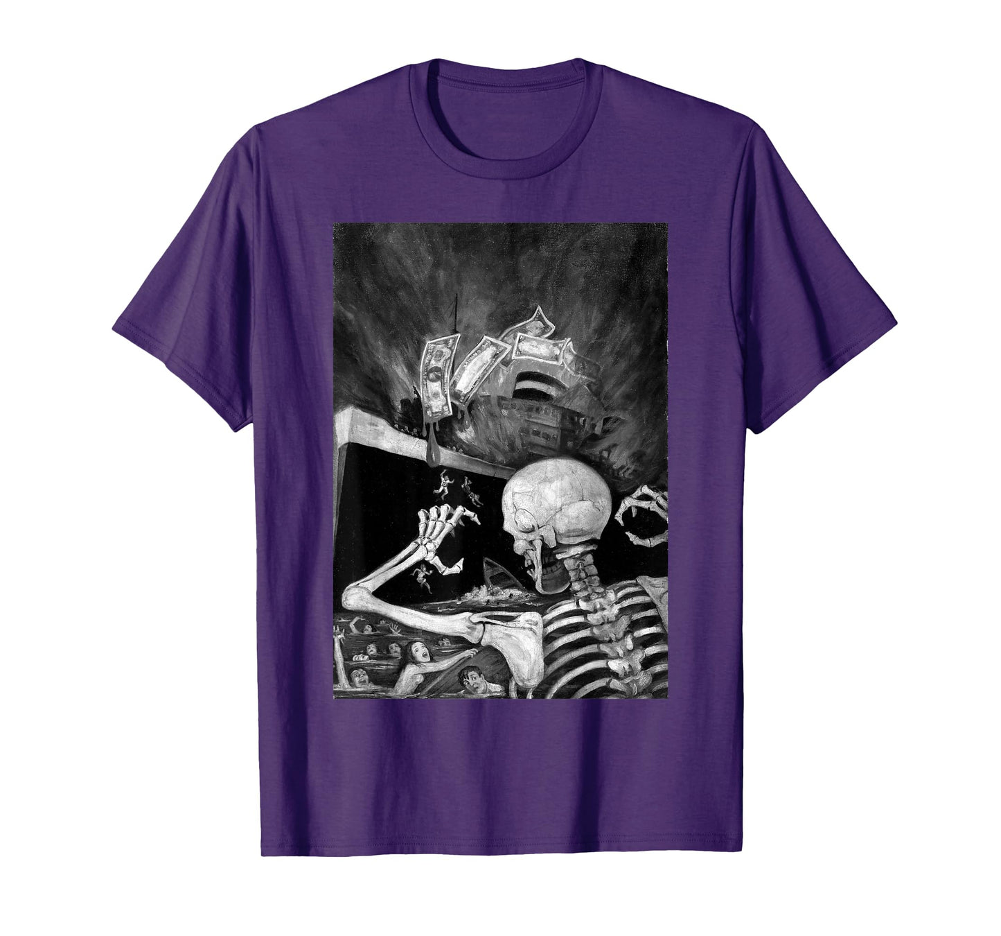Skeleton Greed Ship Disaster Burning Money Pulp Horror Scene T-Shirt