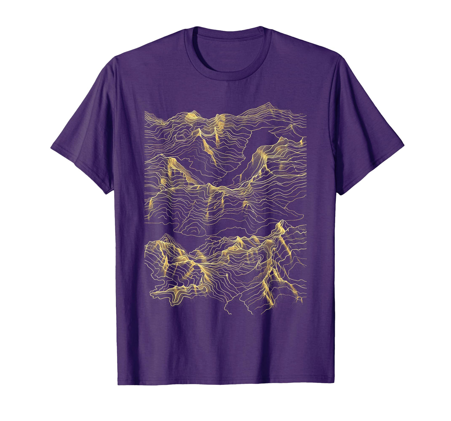 Mountain Range Abstract Art Minimalist Gold Lines T-Shirt - Unisex-Adults, Black, Small, Short Sleeve, Topographic Map, T-Shirt