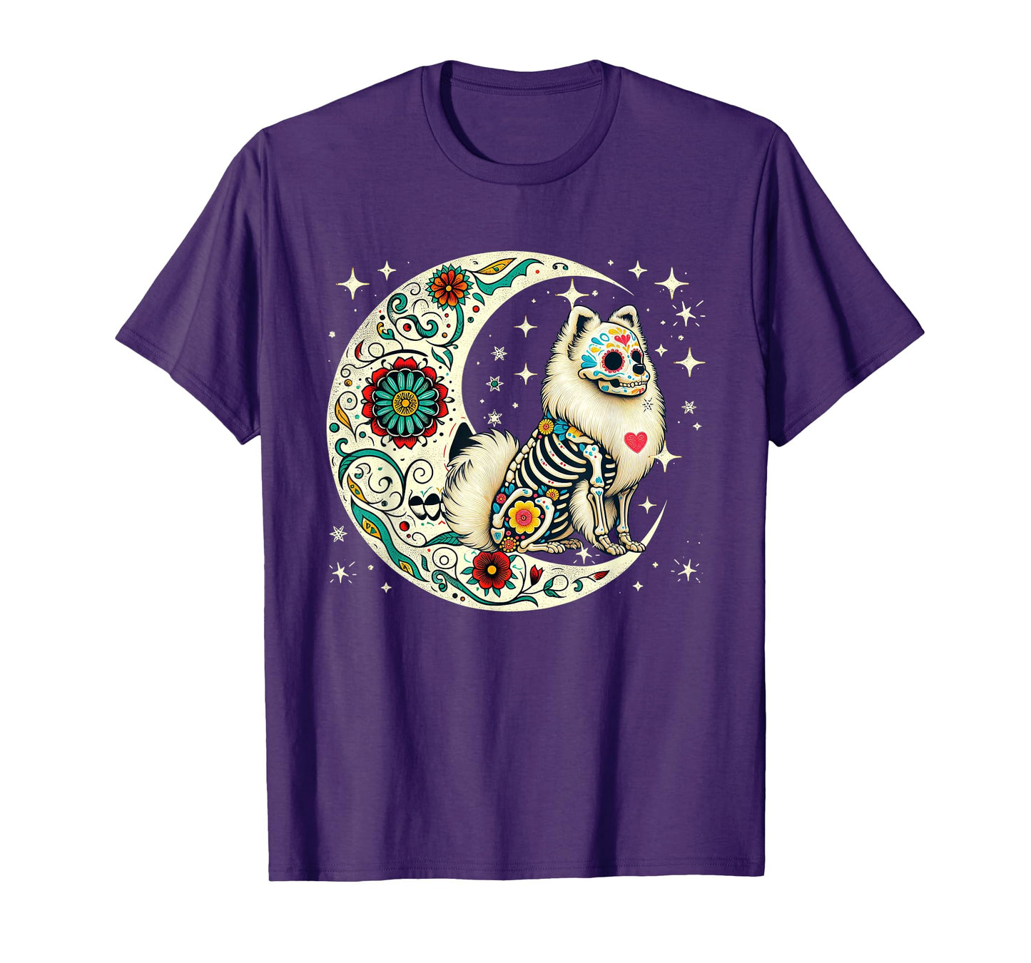 Dia De Los Muertos Halloween Moon Floral Skeleton Pomeranian T-Shirt