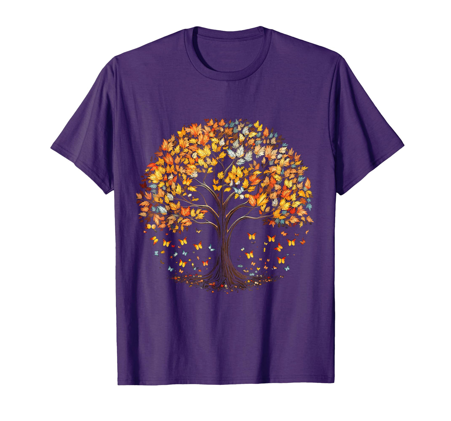 Fall Autumn falling leaves with Tree and Butterfly T-Shirt