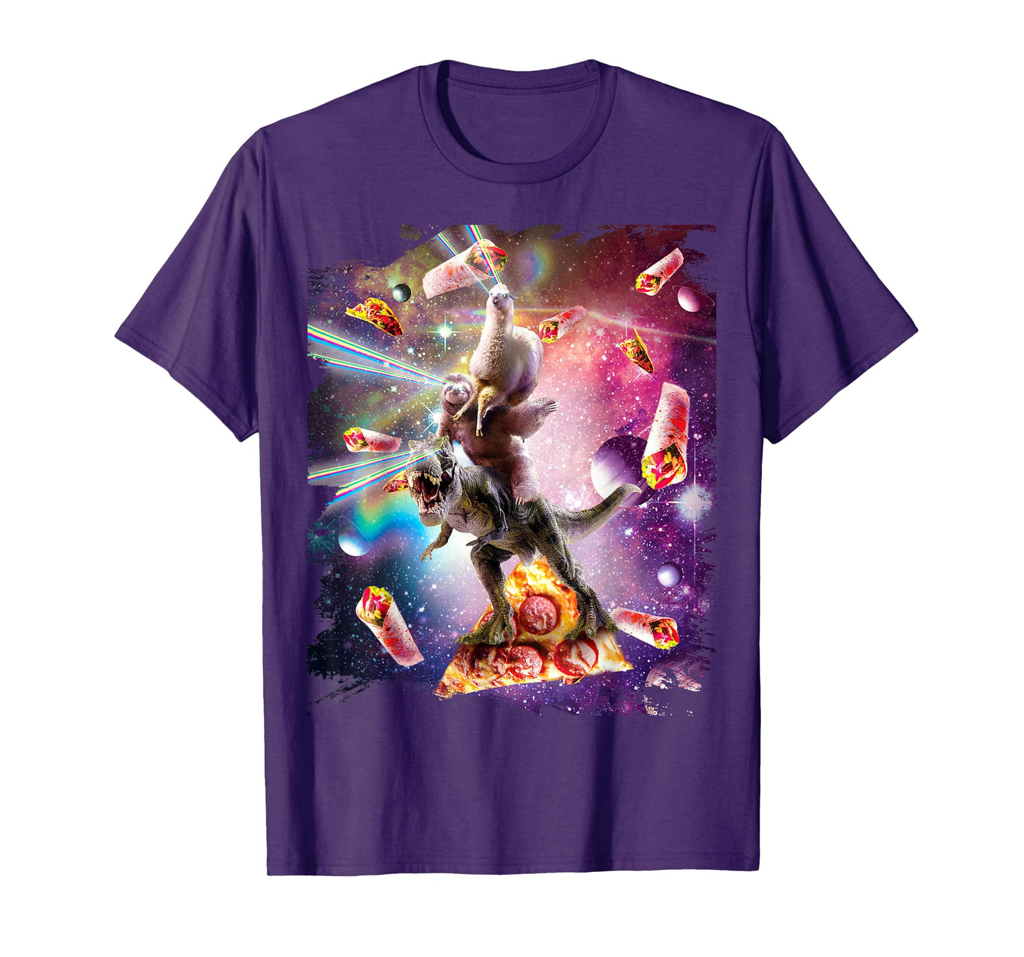 Laser Eyes Space Llama On Sloth Dinosaur - Rainbow T-Shirt