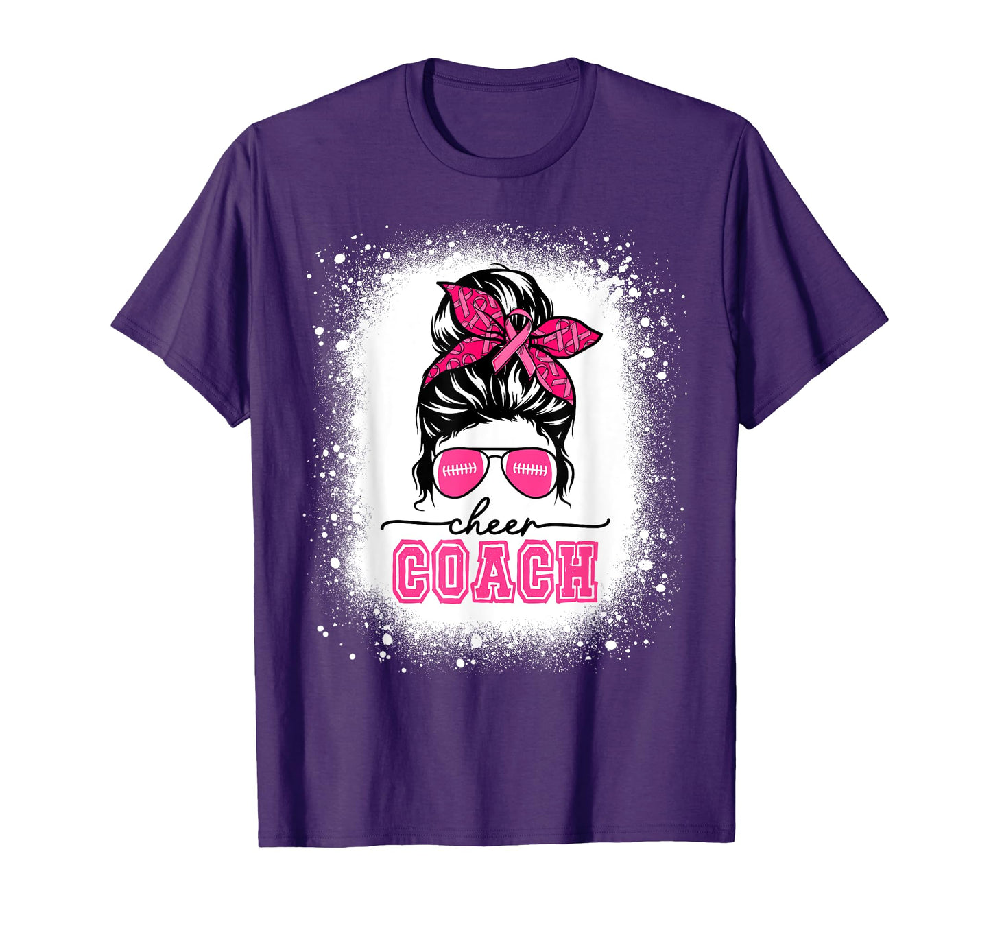 Football Messy Bun Mom Cheer Coach Breast Cancer Bleached T-Shirt