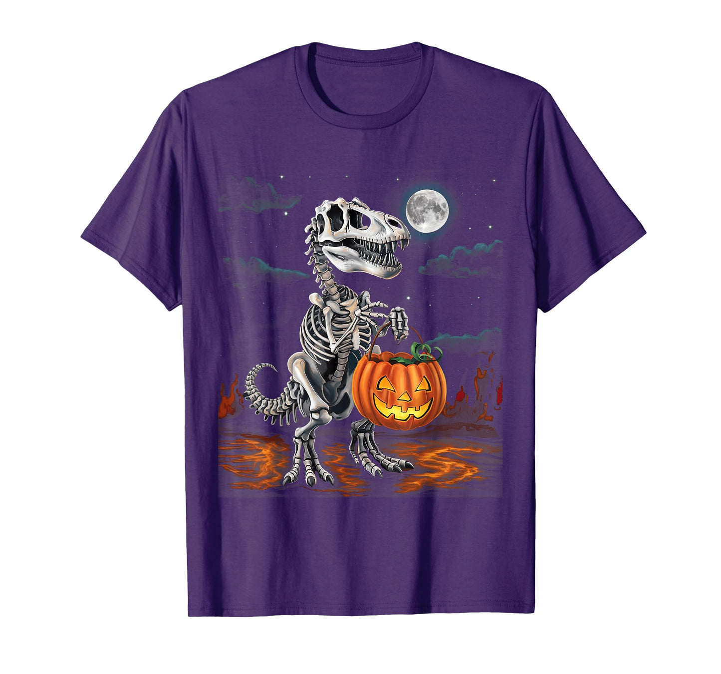 Dinosaur Skeleton T rex Scary Pumpkin Moon Boys Halloween T-Shirt