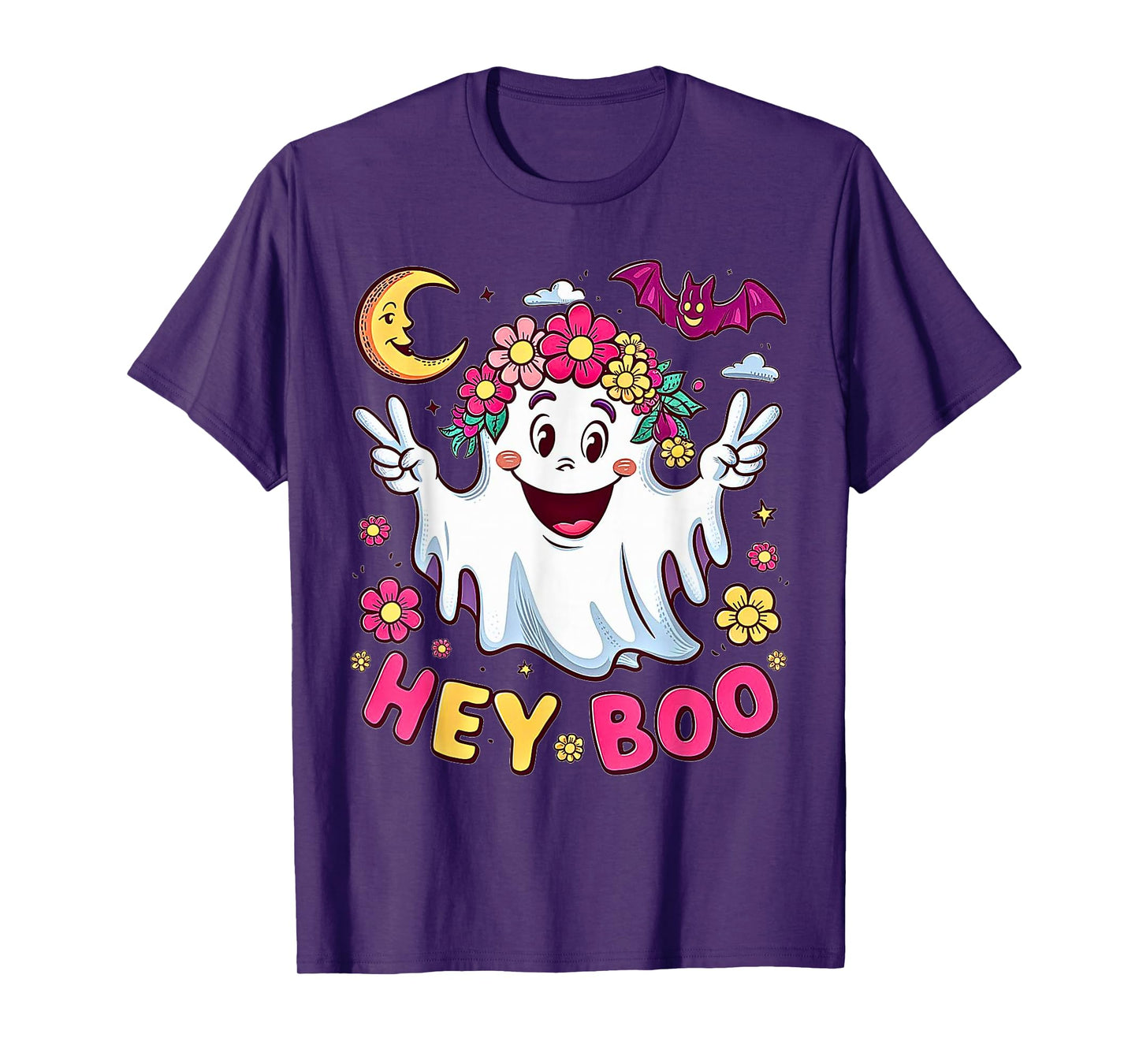 Hey Boo Cute Ghost Design with Flowers for Halloween T-Shirt