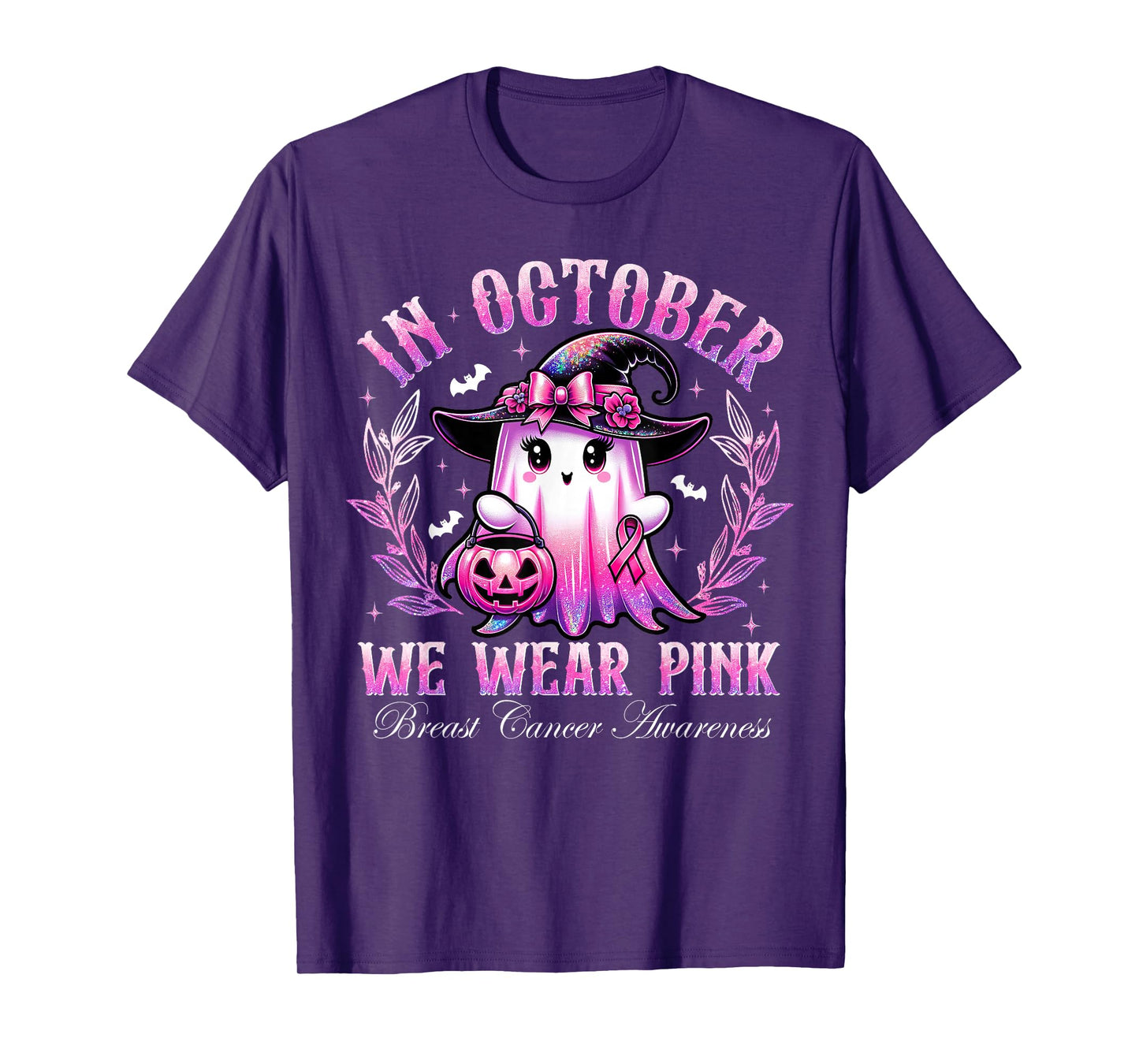 In October We Wear Pink Breast Cancer Awareness Ghost Witch T-Shirt